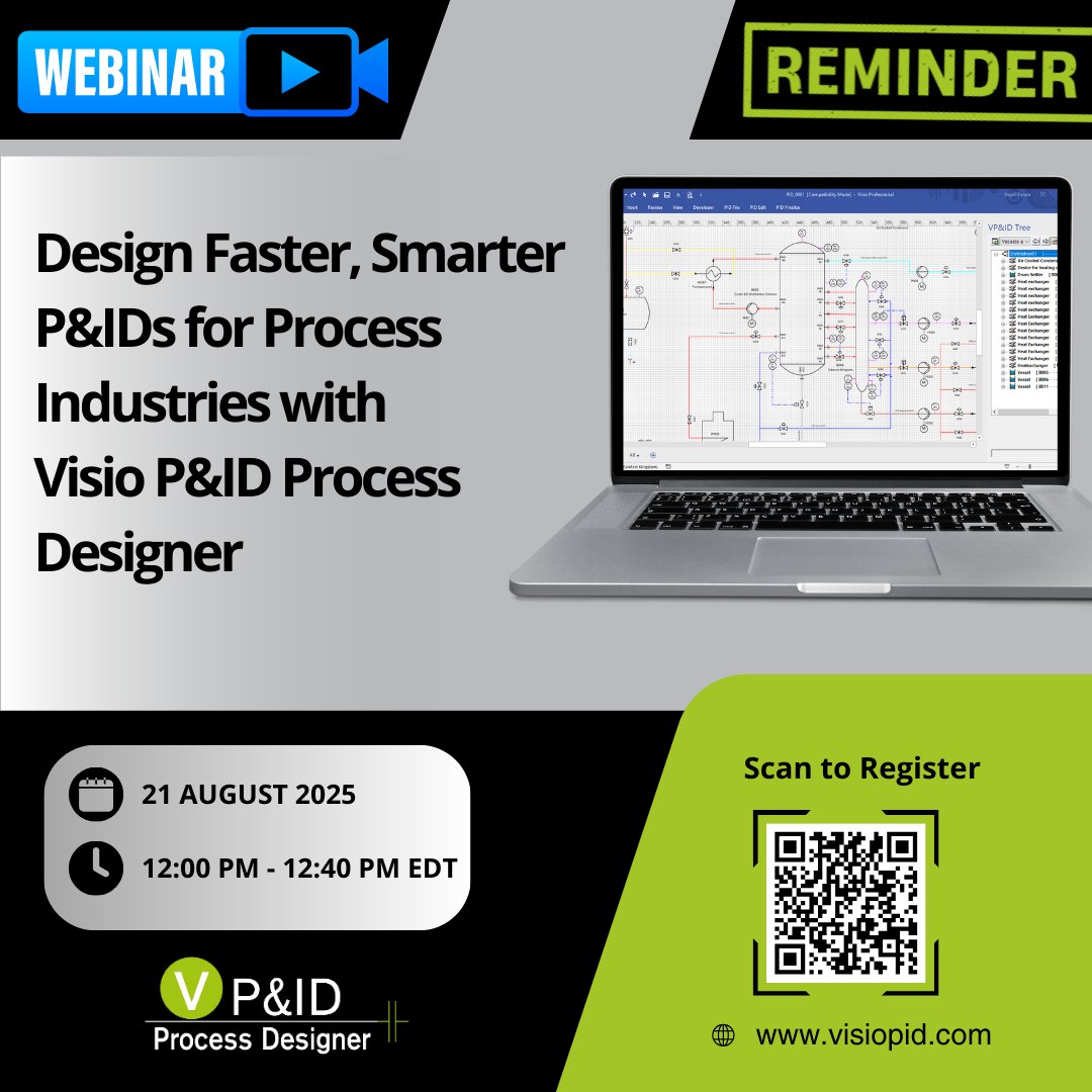 ⏳ Reminder: Only 2 days left!

Register👉register.gotowebinar.com/register/49842…
Don’t miss our free webinar on how to design faster, smarter, and error-free P&amp;IDs with Visio P&amp;ID Process Designer.

📅 Date: Thursday, 21st August 2025

🕛 Time: 12:00 PM – 12:40 PM EDT