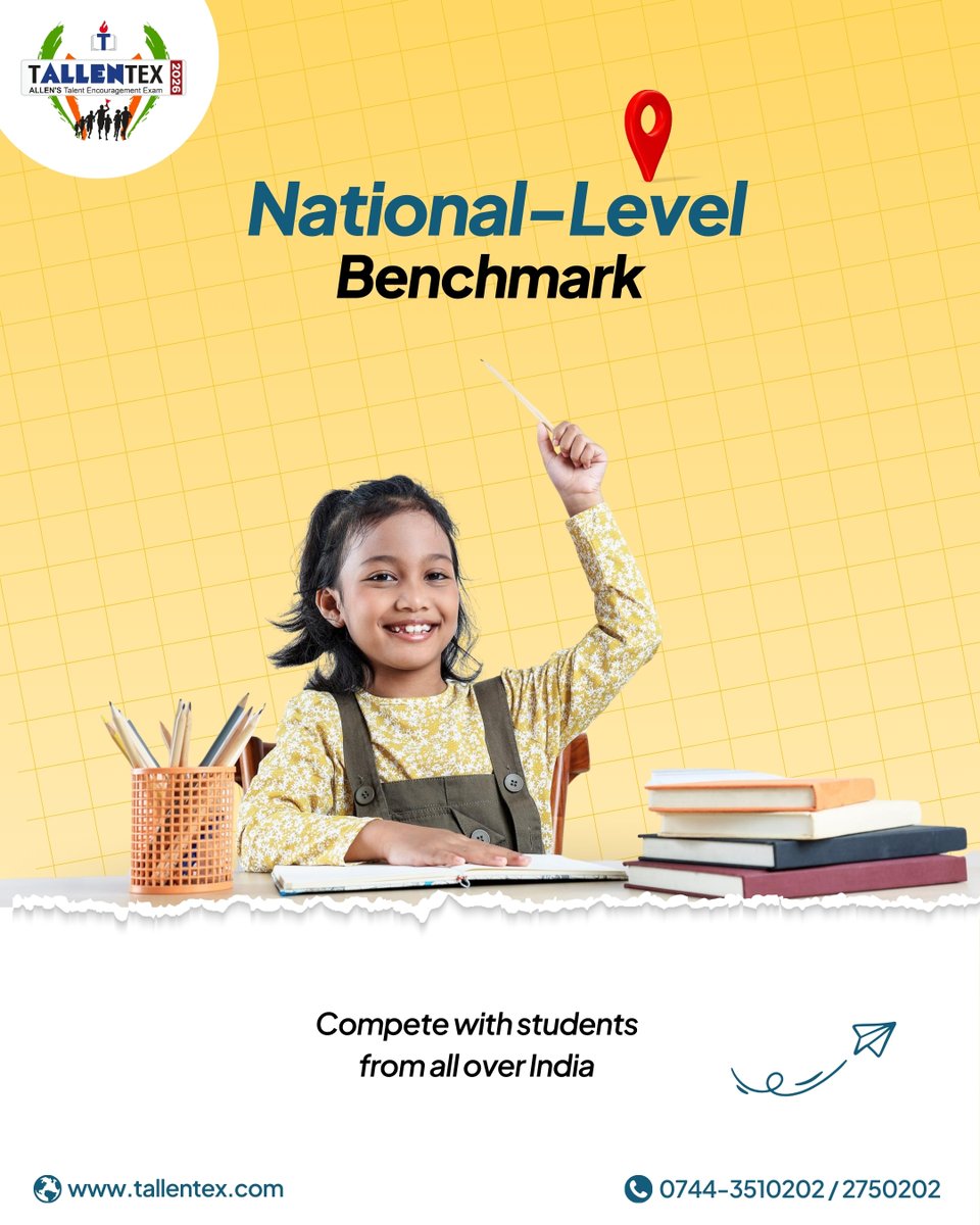 ALLENkota's tweet photo. ⏳ Register for TALLENTEX 2026 before last date to compete & claim the glorious ₹2.5 Cr cash + ₹250 Cr worth scholarships*

📅 Exam Dates: 𝟓𝐭𝐡 & 𝟏𝟐𝐭𝐡 𝐎𝐜𝐭 𝟐𝟎𝟐𝟓

✅ National Recognition
✅ The exam will be conducted in Offline & Online mode.

🌐 Visit: https://t.co/5RmK36gG5H

#TALLENTEX2026 #KotaCoaching #SuccessKaAssurance #Scholarship