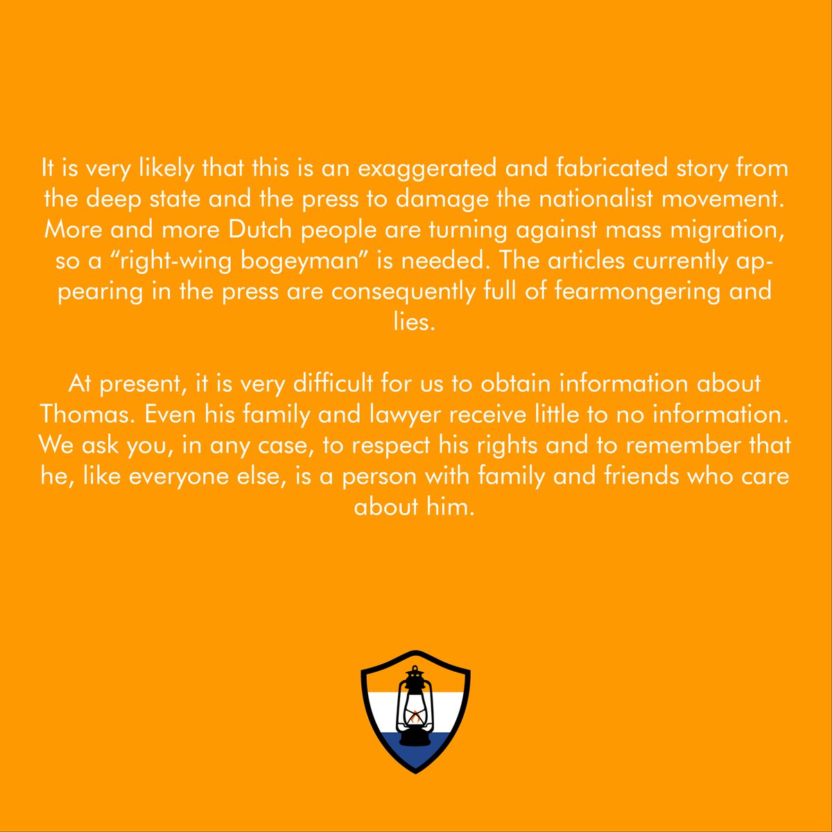 Mededeling aangaande de recente arrestatie van Geuzenbond-activist Thomas

Announcement regarding the recent arrest of Geuzenbond activist Thomas