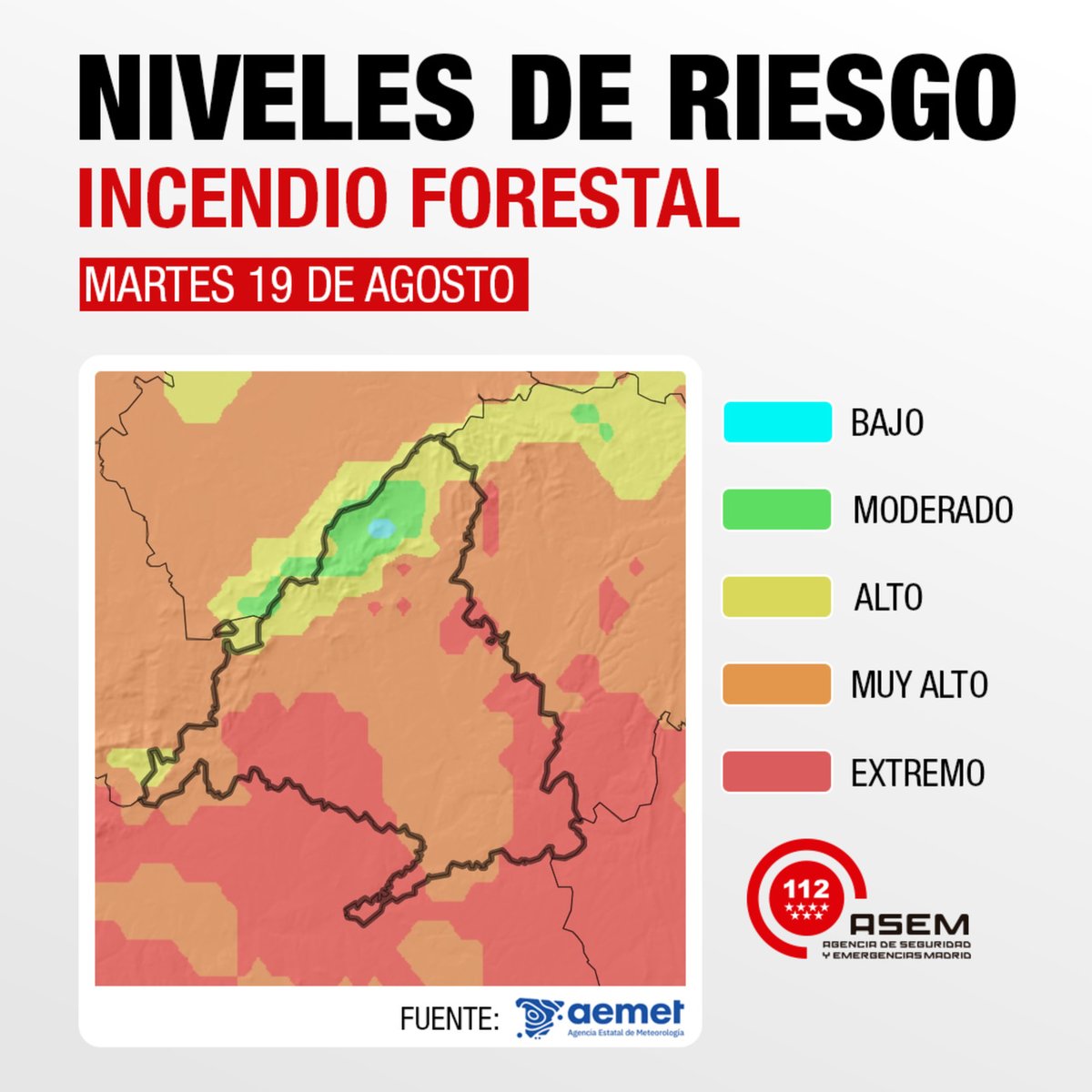 🗺️ Mapa de riesgo de incendios forestales.

 🟠   Riesgo muy alto
🗓️ Martes, 19 de agosto.

🚩 Mucha precaución.

Fuente: <a href="/AEMET_Madrid/">AEMET_Madrid</a>

#INFOMA25
#STOPincendios
#IIFF
#ASEM112