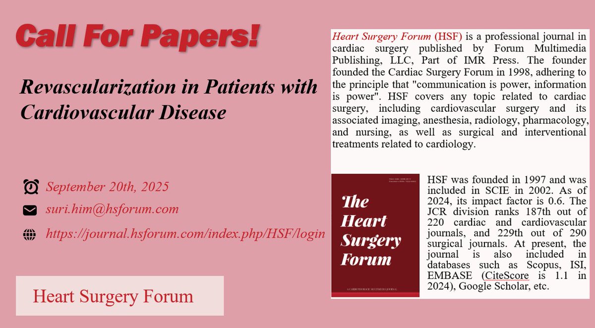 him_suri31135's tweet image. 💡HSF Call for Papers
🫀 Focus: Revascularization in Patients with Cardiovascular Disease
📖 Welcome: ✍️ Original Research &amp;amp; 📚 Reviews
📅 Deadline: ⏰ September 20th, 2025
📩 To: suri.him@hsforum.com
✨ Share your latest insights on Revascularization
#Revascularization