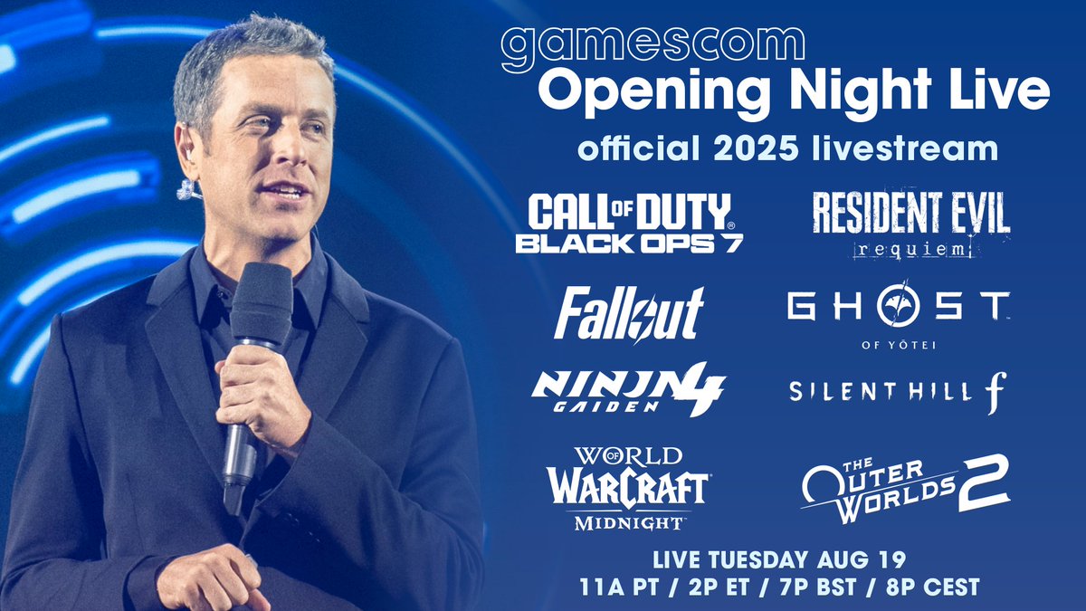 The Game Awards (@thegameawards) on Twitter photo Watch <a href="/gamescom/">gamescom</a> Opening Night Live today, hosted by <a href="/geoffkeighley/">Geoff Keighley</a> and <a href="/sjokz/">Eefje Depoortere</a>
2 hours of new video game reveals and announcements.
YouTube: bit.ly/onl25yt
Twitch: twitch.tv/thegameawrads
Live at 8p CEST / 7p BST / 2p ET / 11a PT. Watch <a href="/gamescom/">gamescom</a> Opening Night Live today, hosted by <a href="/geoffkeighley/">Geoff Keighley</a> and <a href="/sjokz/">Eefje Depoortere</a>
2 hours of new video game reveals and announcements.
YouTube: bit.ly/onl25yt
Twitch: twitch.tv/thegameawrads
Live at 8p CEST / 7p BST / 2p ET / 11a PT.
