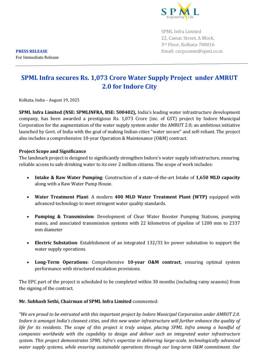 tejas485585's tweet image. 🚰 #SPML Infra bags ₹1,073 Cr AMRUT 2.0 project for Indore 💧 featuring 1,650 MLD intake, 400 MLD WTP, 132/33 kV substation ⚡ &amp;amp; 10-year O&amp;amp;M 🛠️—boosting water access for 2M+ citizens 🌆✅
#StockMarket