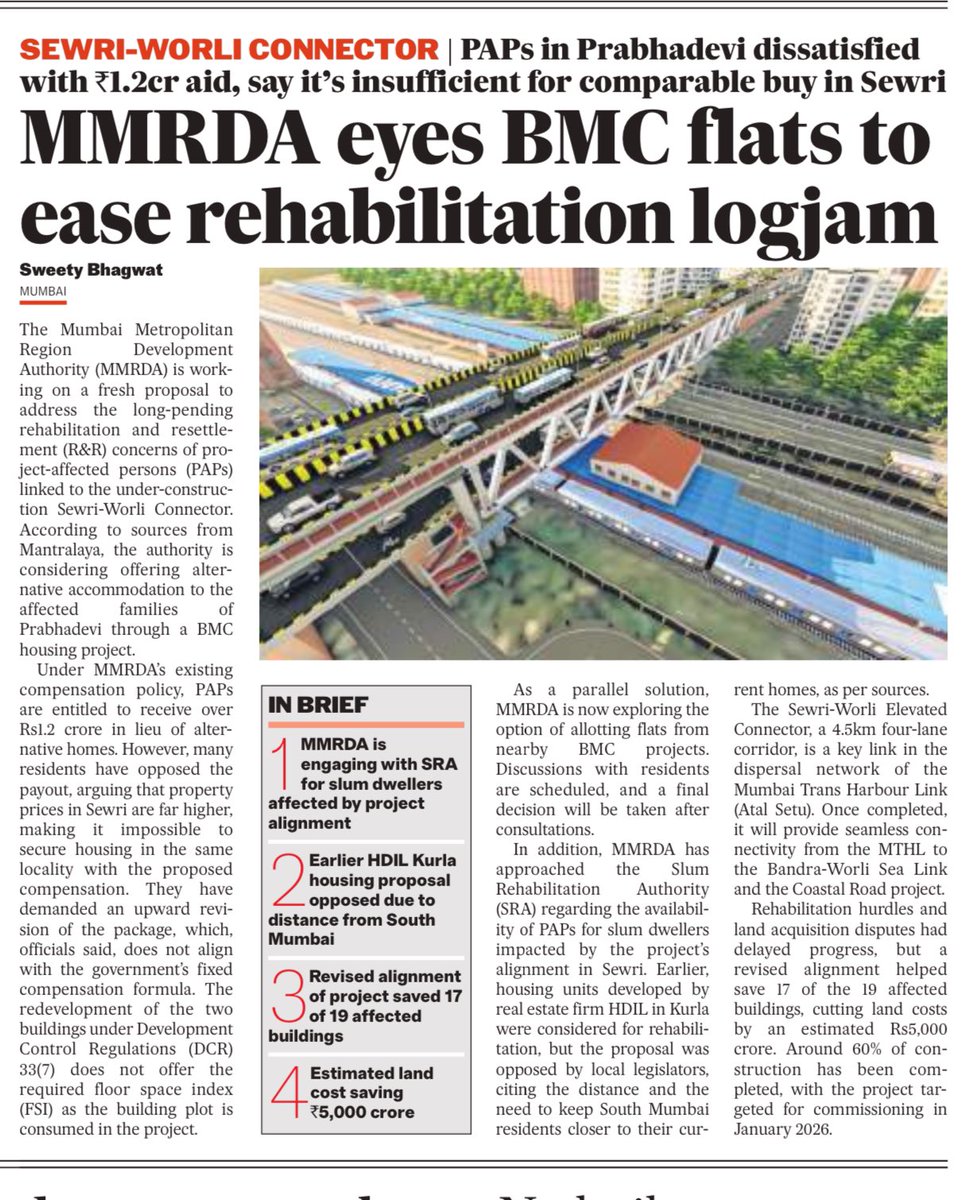 Sewri Worli connector project Elphinstone (Prabhadevi) PAPs have opposed payout, arguing that property prices in Sewri are far higher… 
Read <a href="/fpjindia/">Free Press Journal</a> surl.li/mvfcnn