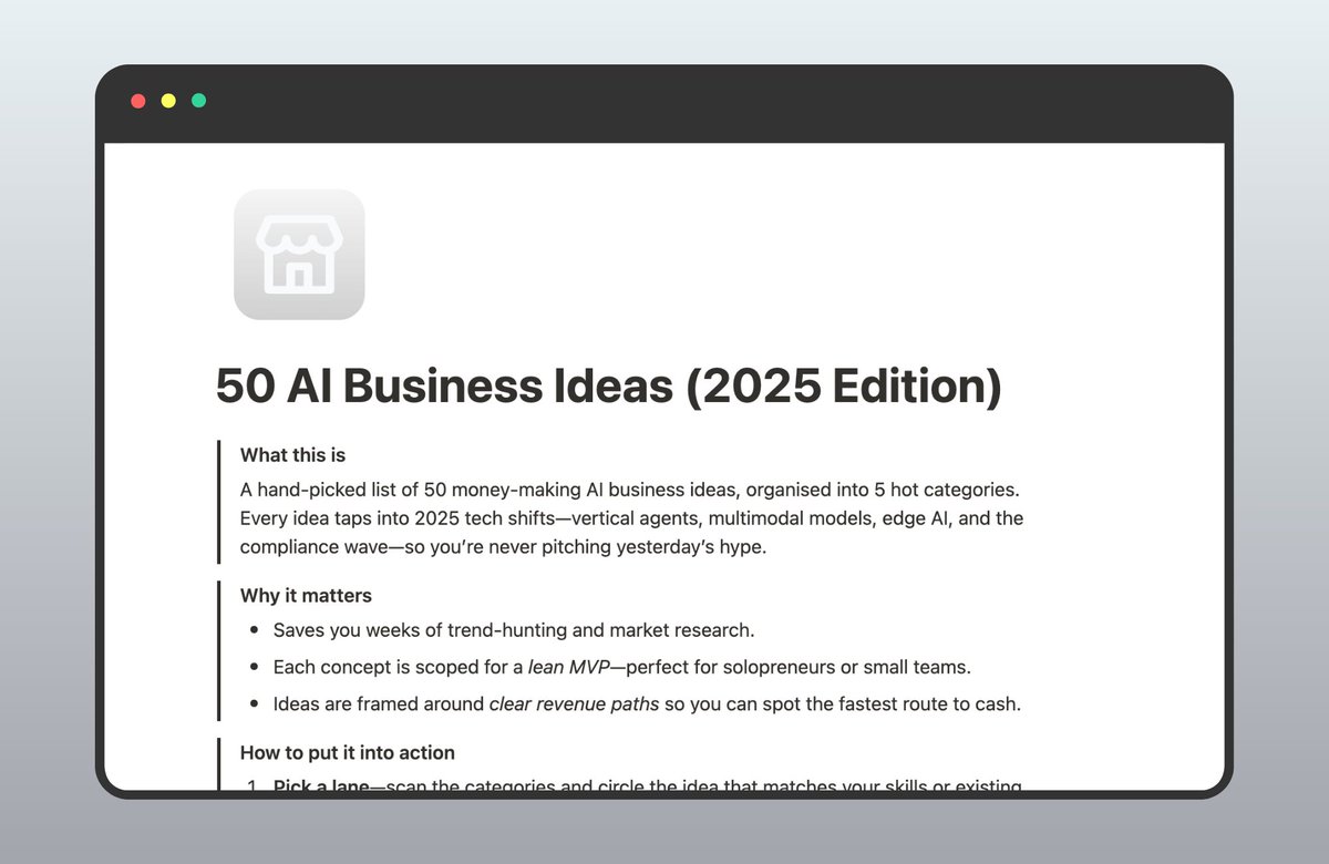 Struggling to pick your angle? Here are 50 that already work.

50 AI BUSINESS IDEAS

Quick-start concepts you can launch fast—using AI to do the heavy lifting.

To get it:
• Like &amp; RT
• Reply “Ideas”
• Follow (so I can DM you)