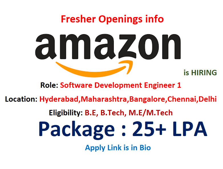 Amazon is hiring #Freshers for #𝐒oftware 𝐃evelopment 𝐄ngineer-𝟏.

𝐐𝐮𝐚𝐥𝐢𝐟𝐢𝐜𝐚𝐭𝐢𝐨𝐧
. Bachelor’s / Master’s degree with Knowledge of Java/C/C++/Python/Perl
. DSA, OOPs, DBMS
. Technical internship (Good to have)

𝐀𝐩𝐩𝐥𝐲 𝐡𝐞𝐫𝐞: amazon.jobs/en/jobs/301560… 

#Amazon