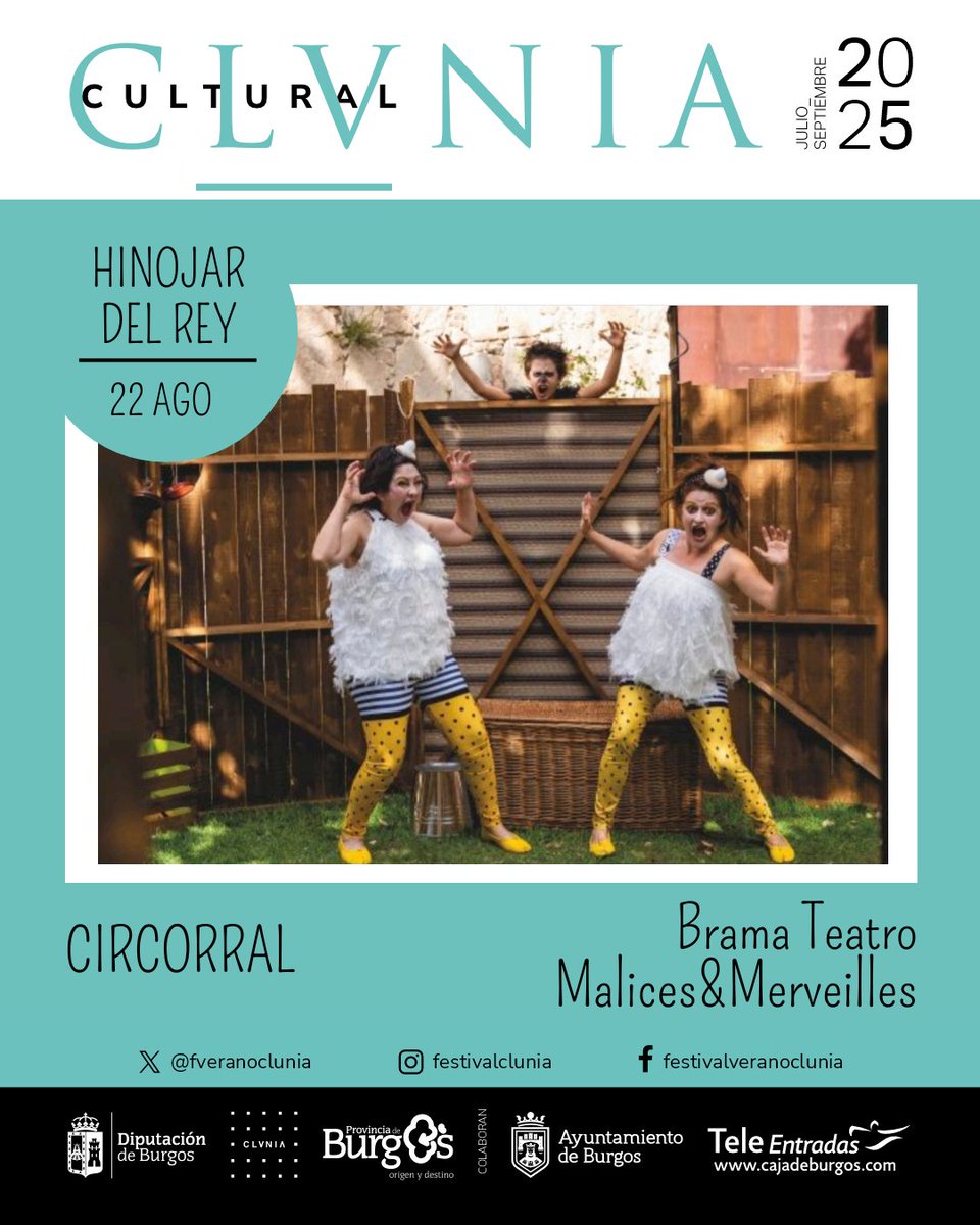 Si el festival te dejó con ganas de ➕ apunta porque en Hinojar del Rey (junto a @cluniasulpicia ) puedes disfrutar del clown musical de 'Circorral'

@bramateatro trae al #EntornoClunia a estas 🐔🐔 que huirán del 🐺 de la forma más divertida
22 AGO
4️⃣pases 18/18.45/19.30/20h