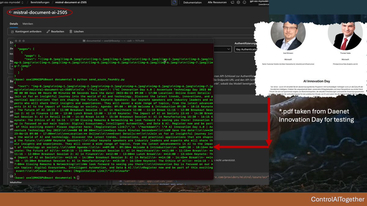 DittmannAxel's tweet image. 🔐📄 Tried out Mistral Document AI (25.05) inside Azure AI Foundry—OCR finally working like magic inside your enterprise boundary. Clean JSON or Markdown output, blazing speed, over 99 percent accuracy in 25+ languages, zero GPU fuss, total privacy. #AzureAIFoundry #DocumentAI…
