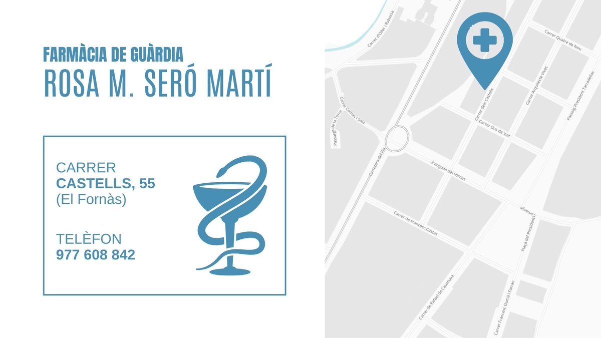 Bon dia, avui a #Valls la farmàcia de guàrdia és Rosa M. Seró Martí, al carrer Castells, 55 (El Fornàs).
#FarmàciaGuardiaValls