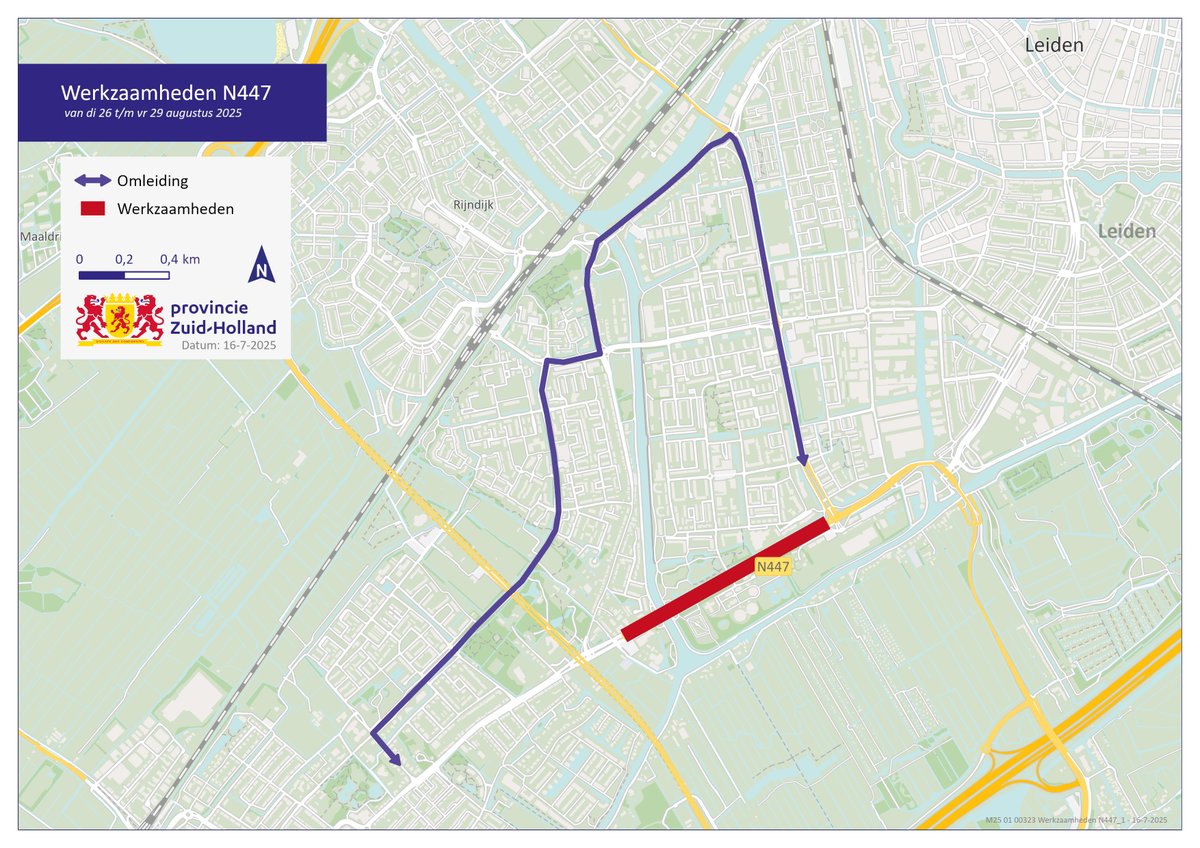 We vernieuwen het asfalt op de #N447 tussen #Voorschoten en #Leiden tussen 26 en 29 augustus in de avond en de nacht. Doorgaand verkeer kan de omleidingsroute volgen die met gele borden is aangegeven. Houd rekening met extra reistijd.👉zuid-holland.nl/actueel/verkee… <a href="/GemeenteVSN/">Gemeente Voorschoten</a>