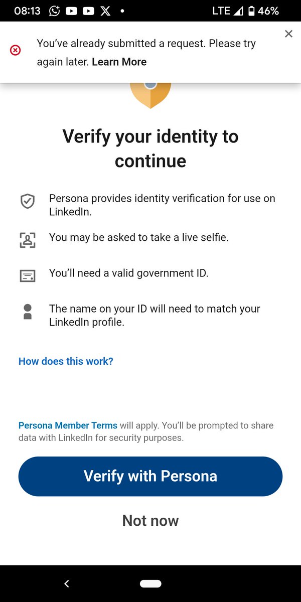 Hi <a href="/LinkedInHelp/">LinkedIn Help</a>, I’m unable to log into my account because your system keeps showing: “You’ve already submitted a request. Please try again later.” even though I never submitted one. I’m locked out of my account—can you urgently help me fix this?
