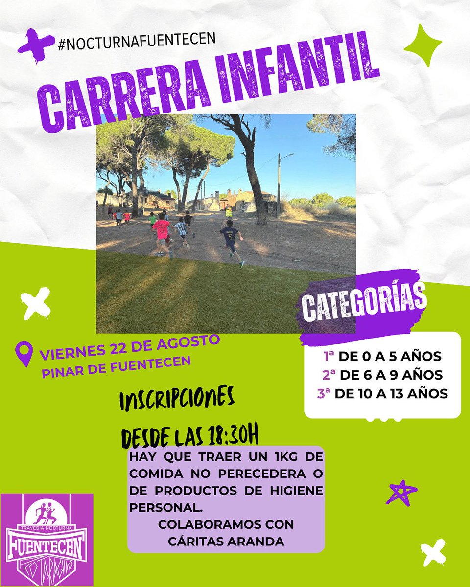 Este viernes también correnlos más pequeños, que hay que empezar con las buenas costumbres pronto💪🏻La inscripción es a las 18:30h en el pinar llevando 1kg de comida o productos de higiene personal para Caritas Aranda. #nocturnafuentecen