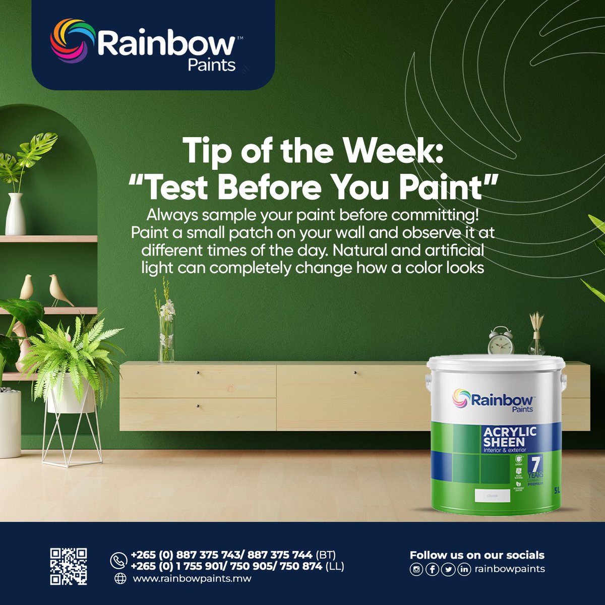 rainbowpaintsmw's tweet photo. Paint a small patch on your wall and observe it at different times of the day. Natural and artificial light can completely change how a color looks.
Test first, regret less.
#TipOfTheWeekMW #PaintTipsMW #RainbowPaintsMW #SmartPainting #NoRegretsPainting https://t.co/4gtp6jgtCR