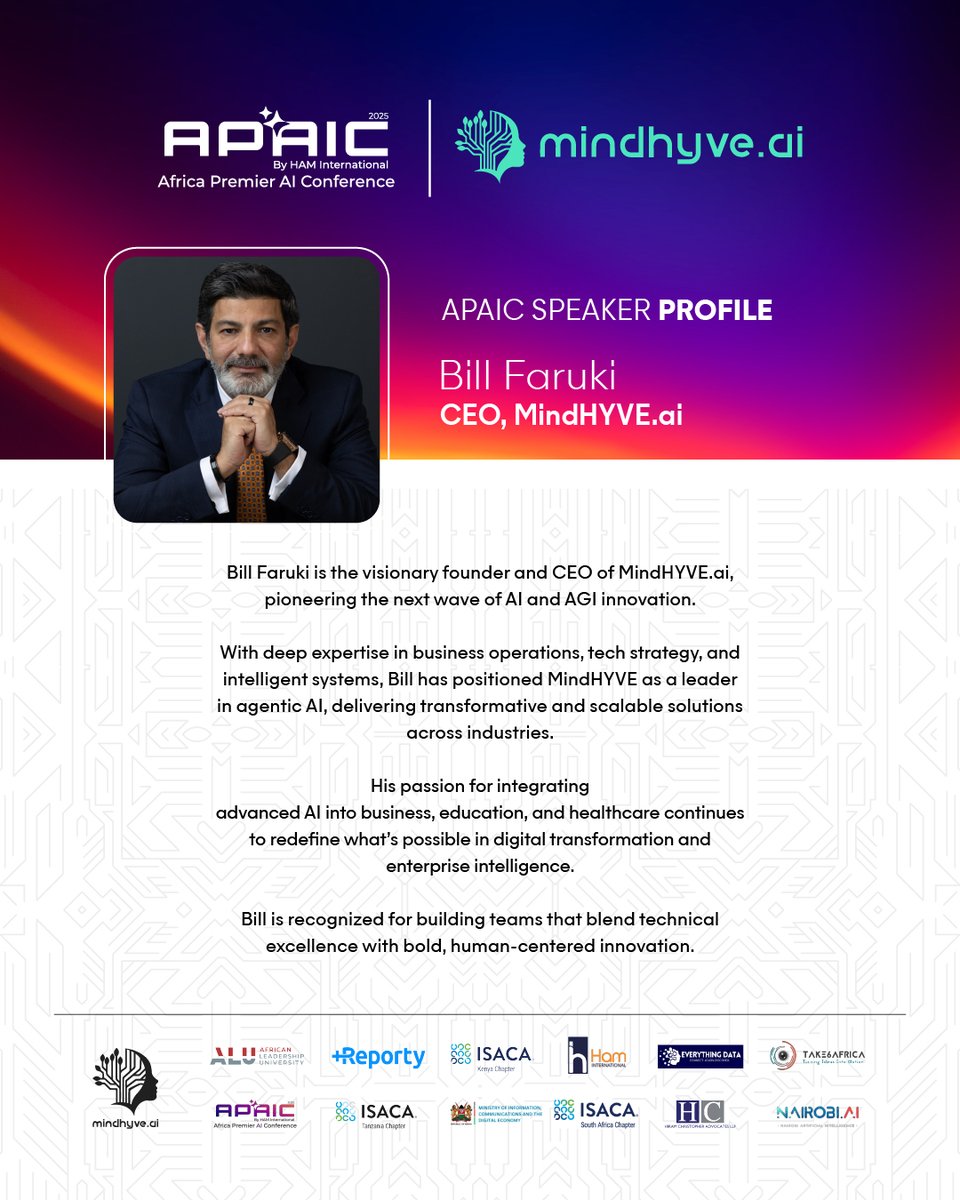 AfricaAi2025's tweet image. Join us at APAIC 2025 and hear from Bill Faruki, CEO of MindHYVE.ai! He'll share insights on delivering transformative AI solutions across industries. Don't miss out! #APAIC2025 #AIinnovation #AfricanAI