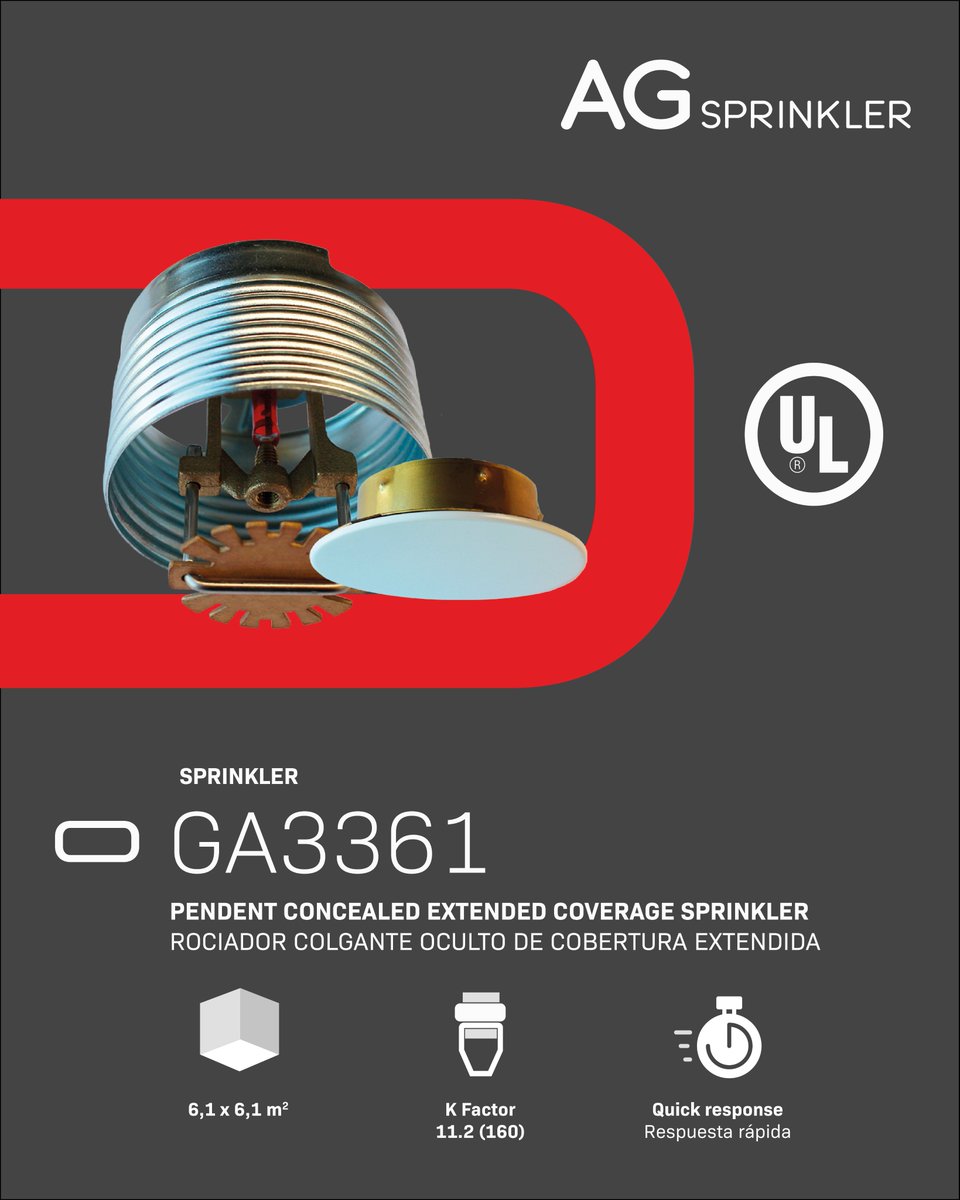 komtesgroup's tweet image. 🚨 𝗡𝗘𝗪 | 𝗚𝗔𝟯𝟯𝟲𝟭 concealed pendent sprinkler now 𝗨𝗟 𝗟𝗶𝘀𝘁𝗲𝗱. Extended coverage (37 m²), sleek design &amp;amp; top fire protection.

🏨 Hotels 🏢 Commercial 🏛️ Institutional 🏠 High-end residential

Más info 👉komtes.com

#AlwaysProtected #ULListed