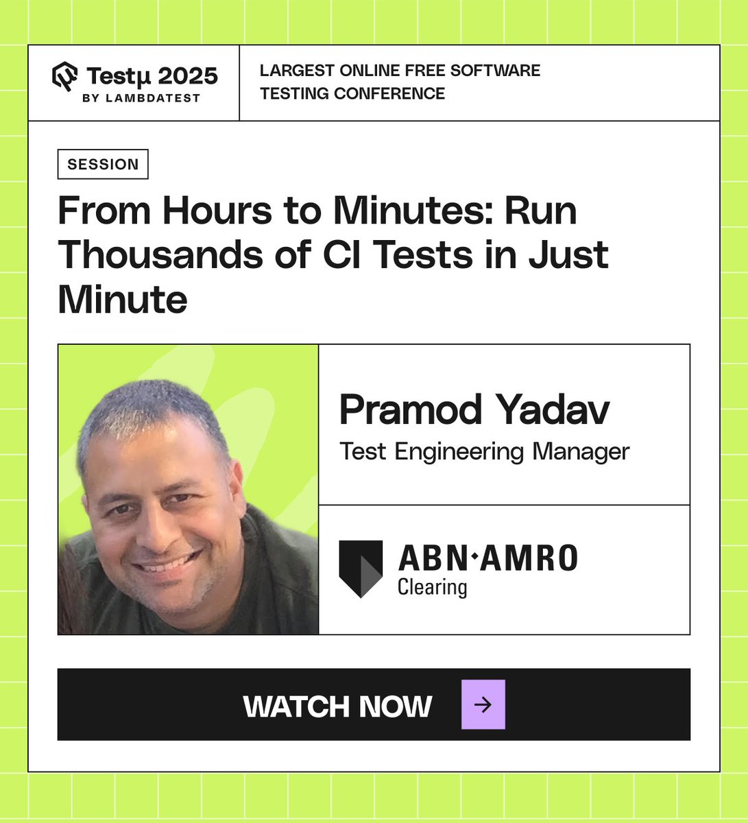 lambdatesting's tweet image. ⏱️ "From Hours to Minutes: Run Thousands of CI Tests in Just Minutes" with Pramod Yadav, Test Engineering Manager at ABN AMRO Clearing! Learn how to supercharge your CI pipeline and save valuable time. 🚀 🔗bit.ly/4oGcxIo
#TestMuConf2025 #LambdaTest