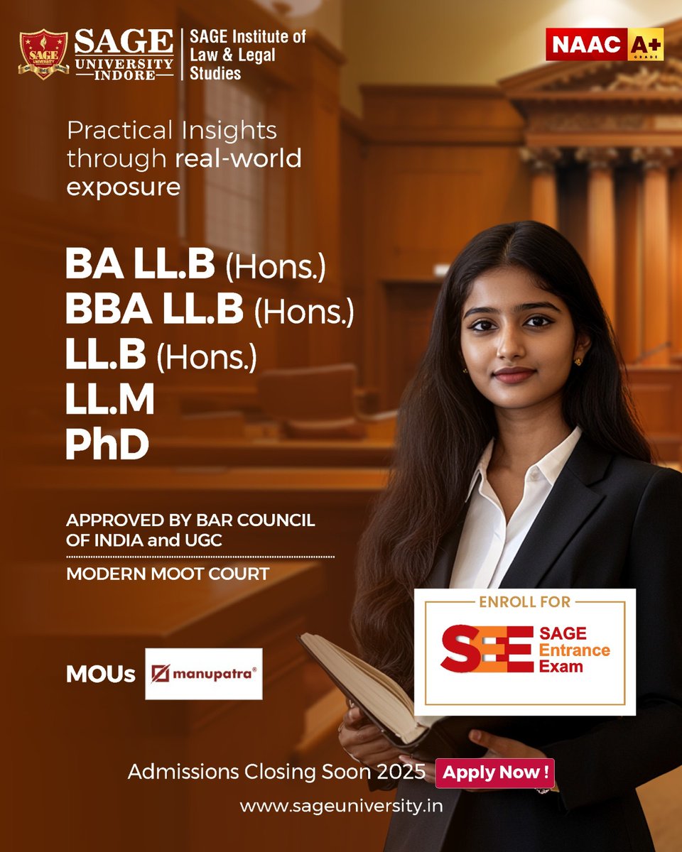 SAGE_INDORE's tweet photo. Explore BA LLB (Hons.), BBA LLB (Hons.), LLB (Hons.), LLM, and PhD programs, all approved by the Bar Council of India &amp; UGC, With a modern Moot Court &amp; collaborations with leading legal institutions, we prepare you for the courtroom &amp; beyond.
__
#SAGEUniversityIndore https://t.co/z2fQnQ7Aag