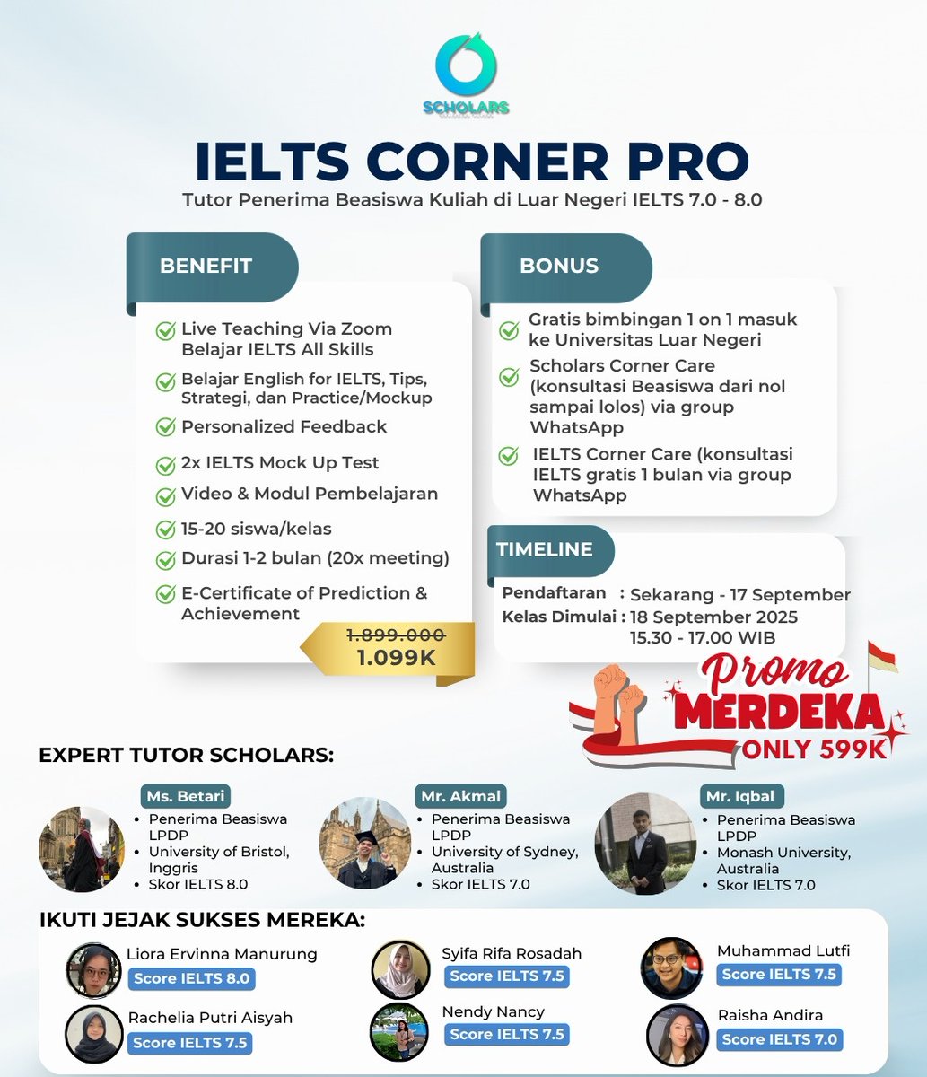 DIRUMAH AJA BISA NINGKATIN SKILL IELTS ⁉️
Kok bisa? 😱

Belajar IELTS dari Nol dibimbing Tutor Expert Awardee Luar Negeri, Bonus konsultasi persiapan beasiswa dari nol sampai lolos 📈

PROMO TERBATAS‼️

#IELTS #Speaking #grammar #KursusBahasaInggris #StudyAbroad #Mext #GKS #TOEFL