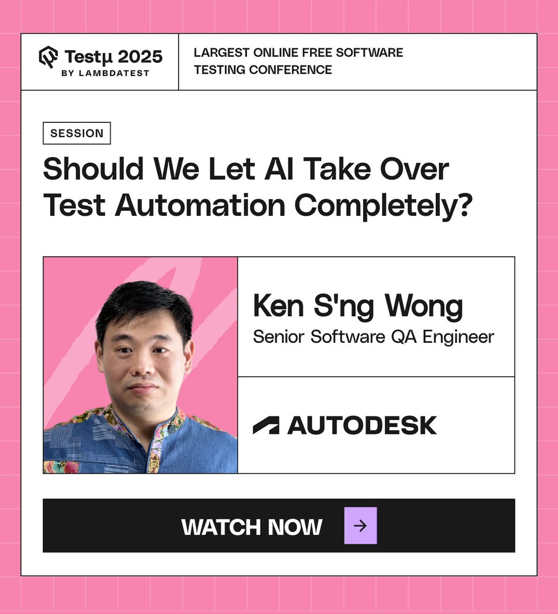 lambdatesting's tweet image. 🤖 "Should We Let AI Take Over Test Automation Completely?" Join Ken S'ng Wong, Senior Software QA Engineer at @autodesk, for a thought-provoking session on the future of AI in test automation. 🚀 🔗bit.ly/4oGcxIo
#TestMuConf2025 #LambdaTest