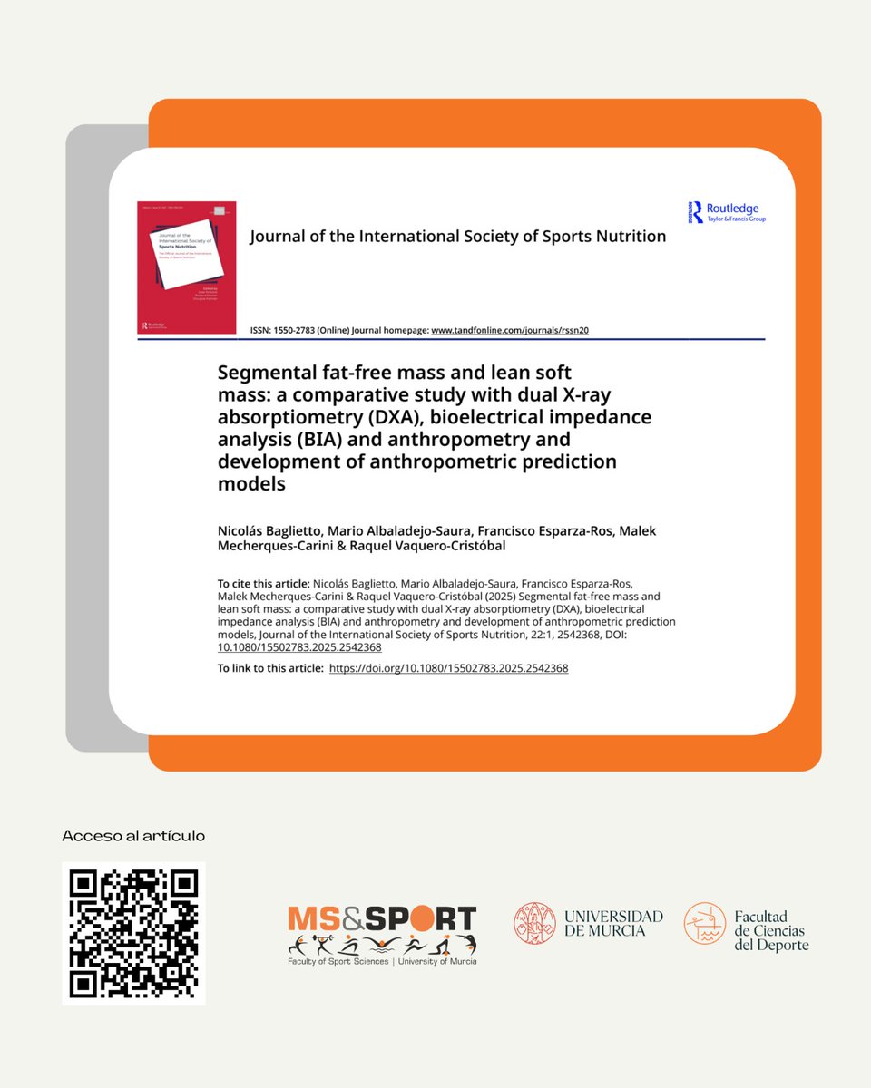 MS&amp;SPORT sigue aportando ciencia 💡
Nuevo estudio en JISSN sobre estimación de la masa libre de grasa y masa muscular blanda 🧬.
Avance clave para valorar la composición corporal con rigor y precisión.
 tandfonline.com/doi/full/10.10…
#MSandSPORT 
 <a href="/umucafd/">CAFD UMU</a> <a href="/UMUdivulga/">UMU Divulga</a> @acti_um_rrss
