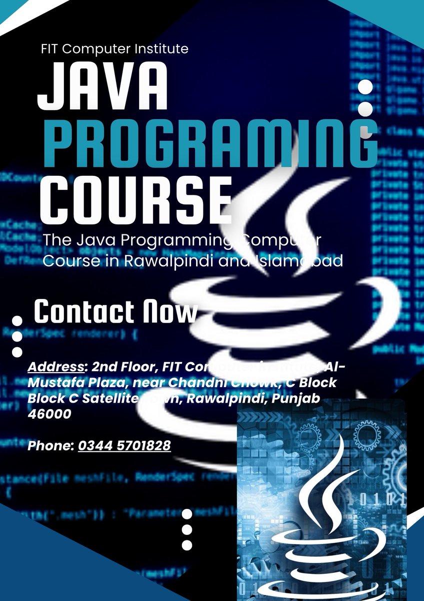 FitComputer's tweet image. Java Programing Course In Rawalpindi And Islamabad
futureittechnology.com/java.html
futureittechnology.com
Address: 2nd Floor, FIT Computer institute, Al-Mustafa Plaza, near Chandni Chowk, C Block Block C Satellite Town, Rawalpindi, Punjab 46000
Phone: 0344 5701828
#JavaCourseRawalpindi