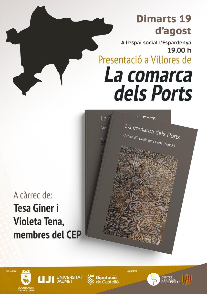 AVUI, dimarts, 19 d'agost, a VILLORES, presentació del llibre LA COMARCA DELS PORTS, amb TESA GINER, VIOLETA TENA I JOSEP LLUÍS CARBÓ.