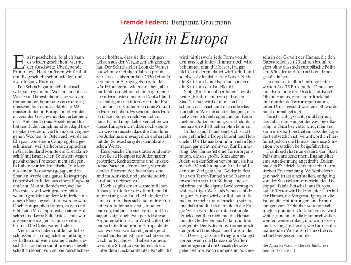 michaelroth.bluesky.social 🇪🇺🇺🇦🇮🇱🇬🇪 (@miro_spd) on Twitter photo Früher hätten die Worte von Benjamin Graumann noch aufgerüttelt, Mitgefühl ausgelöst, Anlass zu Diskussionen geboten.
Heute werden sie abgehakt, weggenuschelt, kaltschnäuzig abserviert.
Eine deutsche und europäische Tragödie. Aber keiner merkt es. <a href="/faznet/">Frankfurter Allgemeine</a> Früher hätten die Worte von Benjamin Graumann noch aufgerüttelt, Mitgefühl ausgelöst, Anlass zu Diskussionen geboten.
Heute werden sie abgehakt, weggenuschelt, kaltschnäuzig abserviert.
Eine deutsche und europäische Tragödie. Aber keiner merkt es. <a href="/faznet/">Frankfurter Allgemeine</a>