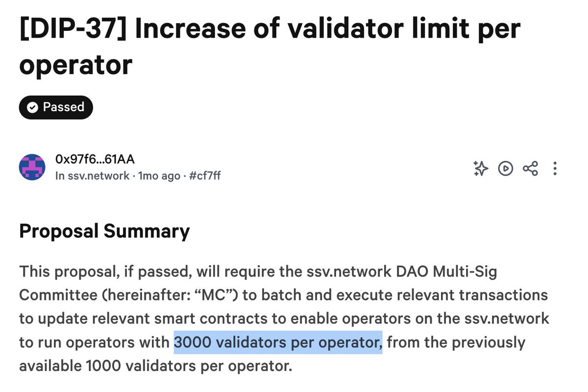 이더리움의 가장 대표적인 DVT(밸리데이터 키 분산 기술)인 SSV에서 오퍼레이터 하나당 운영 가능한 key 수를 3000개까지  올리자는 안건이 한달전 통과되었습니다. (기존 1000개, 작년에는 500개) 지난번 Pectra 포크로 Key 한개당 스테이킹 가능한  이더리움의 밸런스가