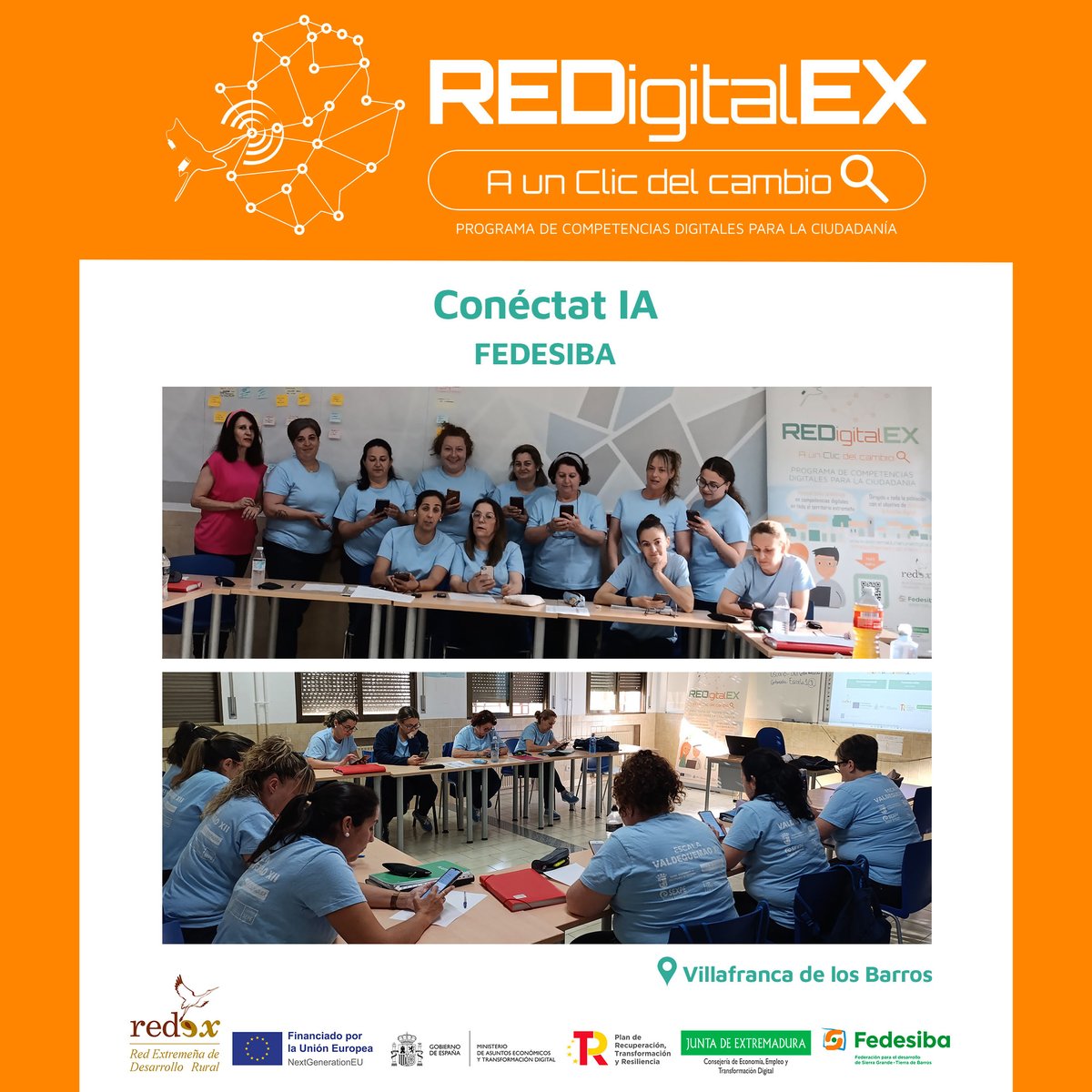 🙌 ¡En REDigitalEX potenciamos el día a día con IA y en Villafranca de los Barros ya son expertos!
 
📱  Aurora Triviño, formadora de FEDESIBA, mostró a l@s participantes cómo utilizar la inteligencia artificial o cómo mejorar la calidad de vida con el uso del teléfono móvil.