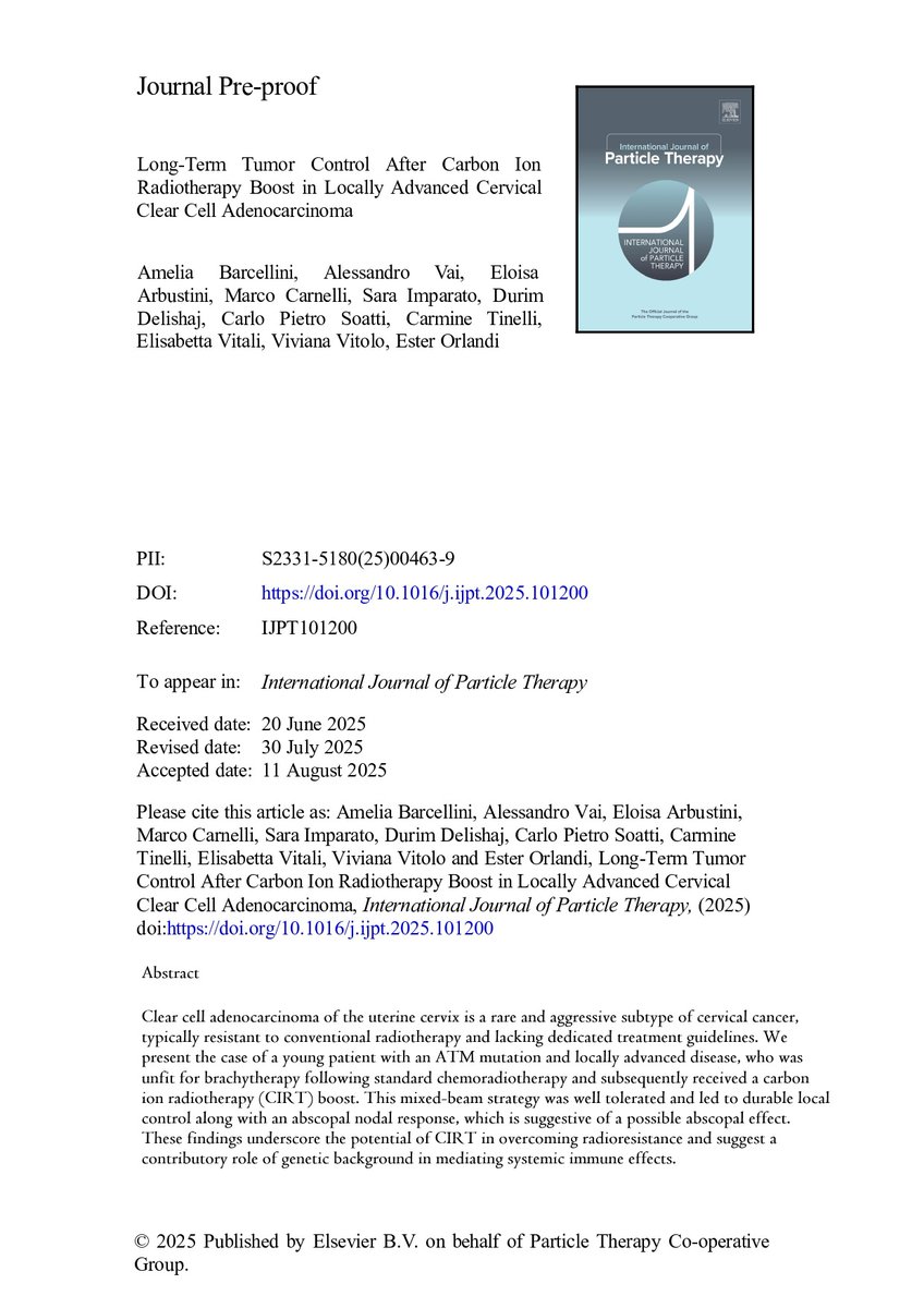 RRobaina75's tweet image. Long-Term Tumor Control After Carbon Ion Radiotherapy Boost in Locally Advanced Cervical Clear Cell Adenocarcinoma. @Fond_CNAO 
#aeprot #CIRT #particletherapy #hadrontherapy