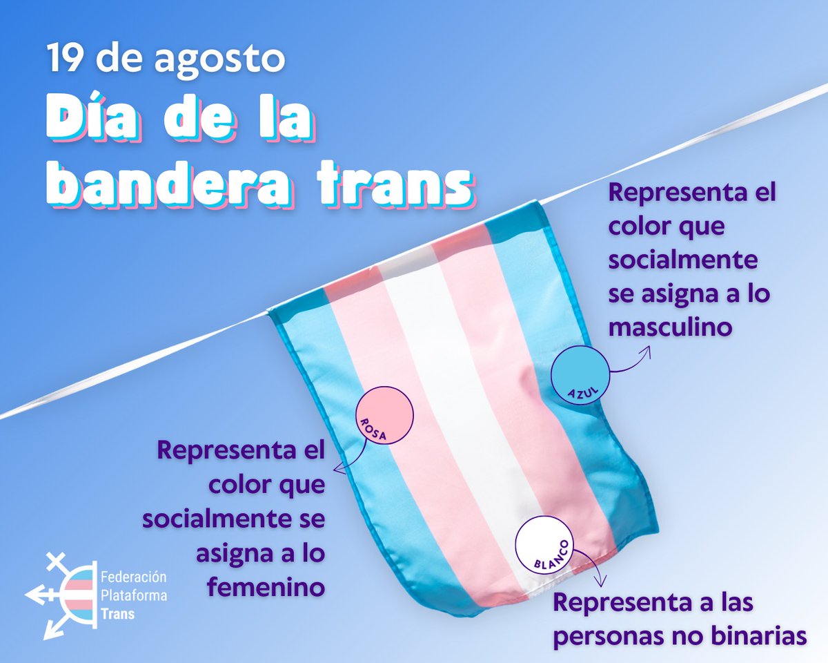 📆 #19Agosto | #DíaBanderaTrans

🏳️‍⚧️ La bandera trans fue creada en 1.999 por Monica Helms, una activista por los derechos trans y veterana militar de la Marina de los Estados Unidos.

🏳️‍⚧️ La bandera se mostró por primera vez en público el 19 de agosto del año 2.000, durante el