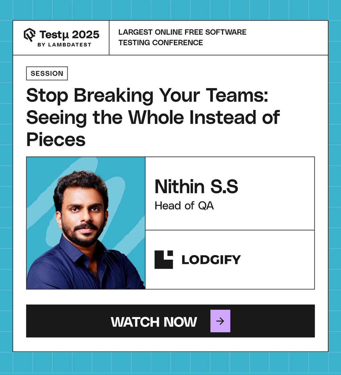 lambdatesting's tweet image. 🔧 "Stop Breaking Your Teams: Seeing the Whole Instead of Pieces" with @Nithin_Synapse, Head of QA at @Lodgify! Discover how to build cohesive teams and streamline your QA process for better results. 💡🔗bit.ly/4oGcxIo
#TestMuConf2025 #LambdaTest