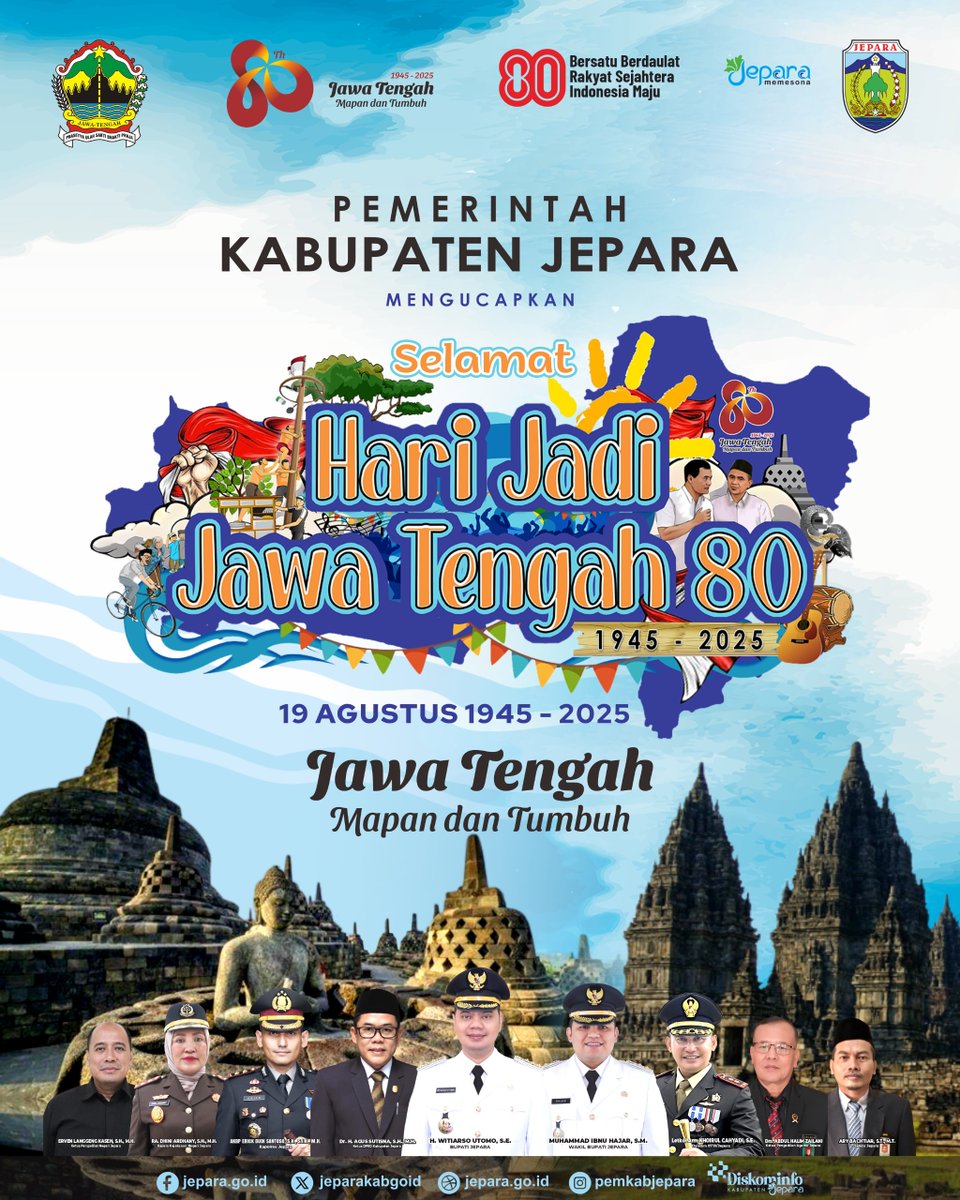 setwanjepara's tweet photo. Pemerintah Kabupaten Jepara mengucapkan Selamat Hari Jadi ke-80 Provinsi Jawa Tengah.

Dirgahayu ke-80 Provinsi Jawa Tengah,
Semoga semakin jaya untuk Indonesia! 🇮🇩

#HariJadiJawaTengah80 #MapanDanTumbuh #JatengGayeng #setwanjepara #JeparaMULUS https://t.co/2GhWUskTbV