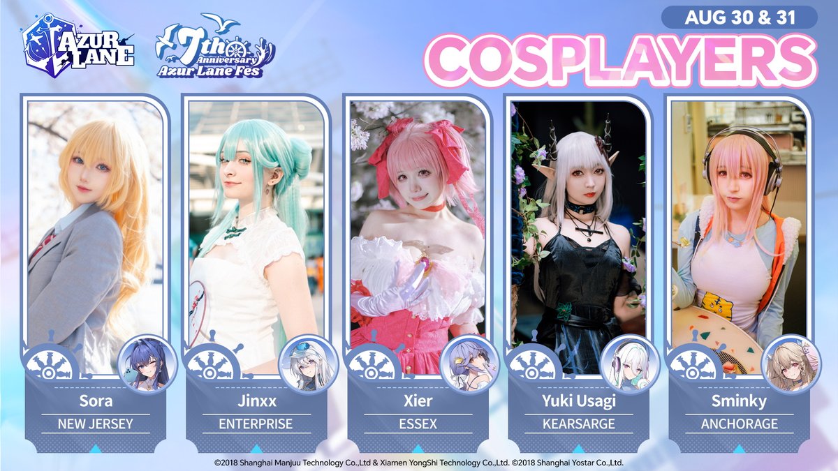 Azur Lane Official (@azurlane_en) on Twitter photo ✨ Azur Lane Fes Cosplayer Announcement✨
5 of your favorite shipgirls will be in attendance aboard <a href="/BattleshipNJ/">Battleship New Jersey</a> for the 7th Anniversary Azur Lane Fes! Special thanks to <a href="/sora_sparrow_/">Sora空雀🪽ʚ(◜𖥦◝ )ɞ</a> <a href="/merkuma_/">Jinxx</a> <a href="/xier33/">xier</a> <a href="/UsagiYuki9/">Usagi Yuki</a> <a href="/sminkyzzz/">sminky</a>
Register here: azurlane7th.com/fes
#AzurLane ✨ Azur Lane Fes Cosplayer Announcement✨
5 of your favorite shipgirls will be in attendance aboard <a href="/BattleshipNJ/">Battleship New Jersey</a> for the 7th Anniversary Azur Lane Fes! Special thanks to <a href="/sora_sparrow_/">Sora空雀🪽ʚ(◜𖥦◝ )ɞ</a> <a href="/merkuma_/">Jinxx</a> <a href="/xier33/">xier</a> <a href="/UsagiYuki9/">Usagi Yuki</a> <a href="/sminkyzzz/">sminky</a>
Register here: azurlane7th.com/fes
#AzurLane