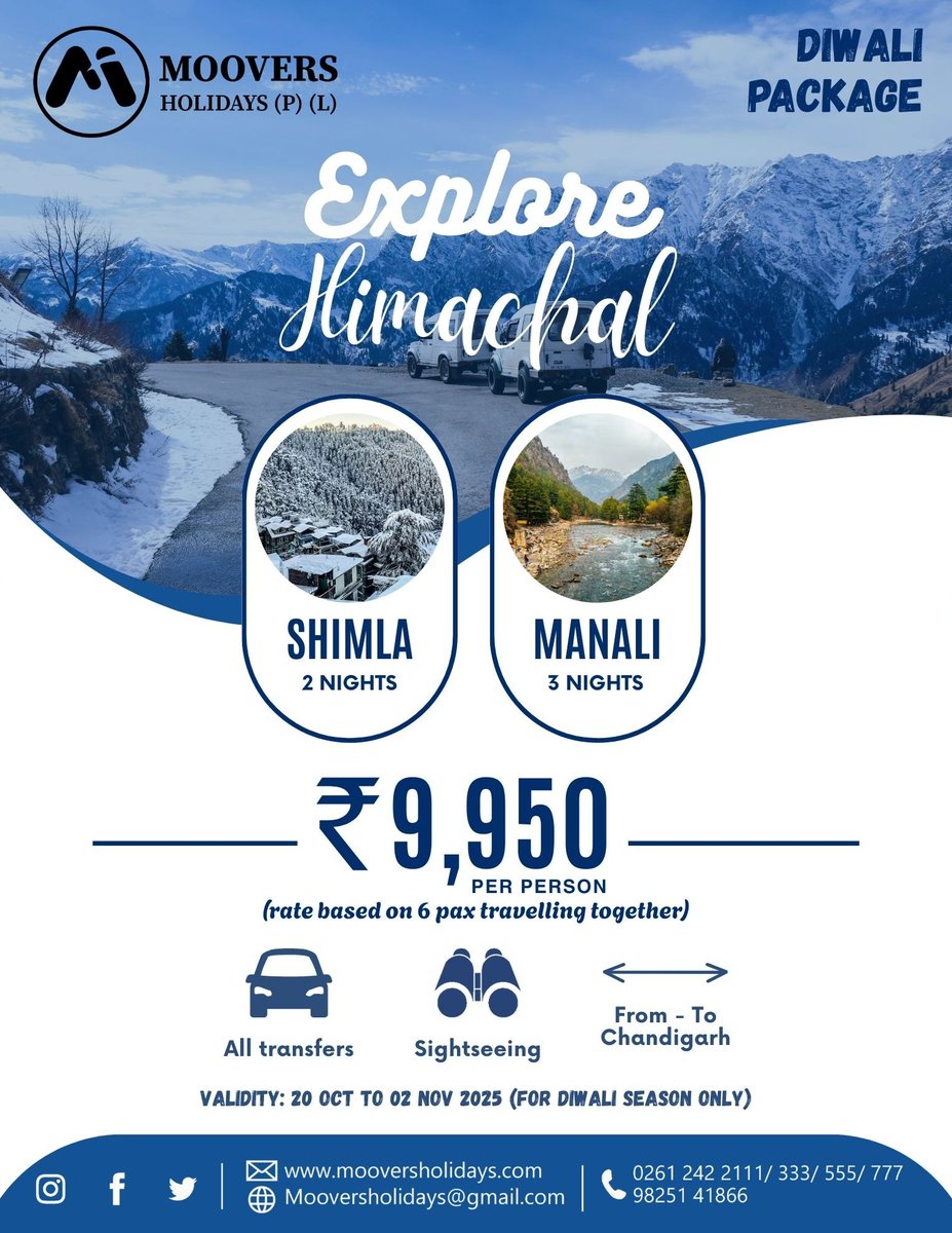 TravelsMoo66555's tweet image. ✨ Escape to the mountains this Diwali – Shimla &amp;amp; Manali await you! 🏔️❄️

#mooversholidays #diwaligetaway #explorehimachal #shimlamanalitrip #travelwithmoovers #mountainescape #festivetravel #himalayanadventures #holidayvibes #wanderwithmoovers