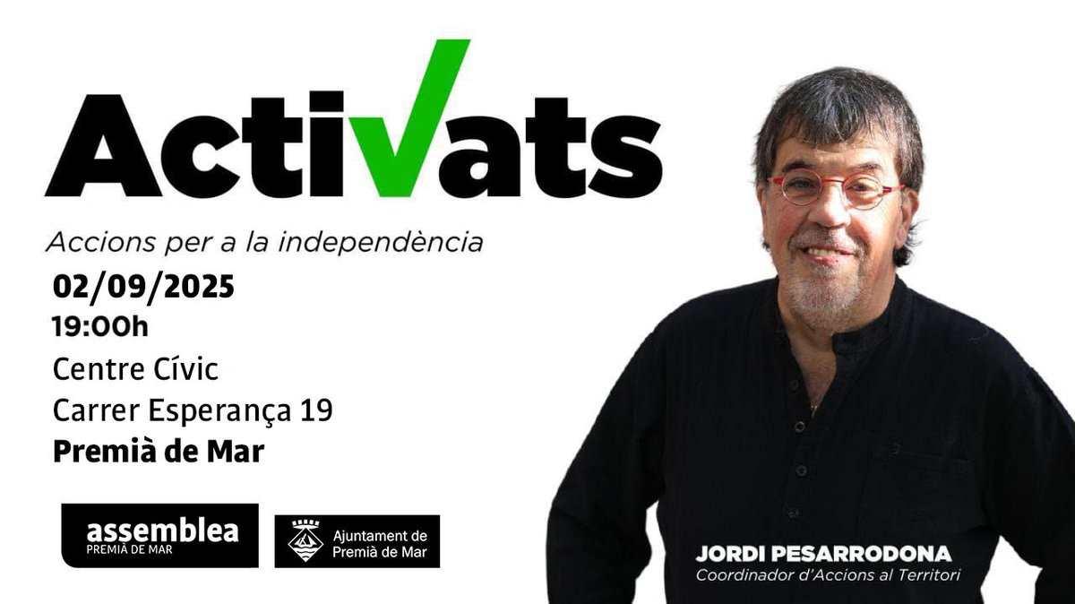 Anc Premià de Mar (@anc_premiademar) on Twitter photo 📢 ACCIONS PER LA INDEPENDÈNCIA
Amb <a href="/Pesacapsada/">Jordi Pesarrodona</a>
📆 Dimarts 2 de setembre
⏰ A les 19h
📍Centre Cívic. Carrer l'esperança, 19, Premià de Mar.
✔️ ActiVats
Vine a enraonar amb el nostre convidat.
Aforament limitat!
Reserva plaça a premiademar@assemblea.cat
T'esperem! 📢 ACCIONS PER LA INDEPENDÈNCIA
Amb <a href="/Pesacapsada/">Jordi Pesarrodona</a>
📆 Dimarts 2 de setembre
⏰ A les 19h
📍Centre Cívic. Carrer l'esperança, 19, Premià de Mar.
✔️ ActiVats
Vine a enraonar amb el nostre convidat.
Aforament limitat!
Reserva plaça a premiademar@assemblea.cat
T'esperem!