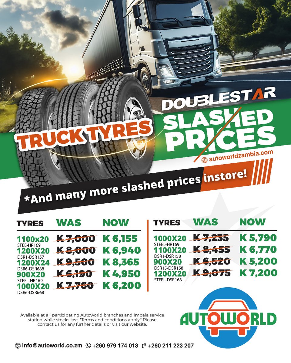 Autoworld (@autoworldzambia) on Twitter photo Doublestar Deals That’ll Rock Your Treads! These truck tyre prices have officially been KO’d by Autoworld Zambia! Roll over to any Autoworld branch or Impala service station while stocks last. Need the scoop? Call +260 979 174 013 or +260 211 223 207. info@autoworld.co.zm Doublestar Deals That’ll Rock Your Treads! These truck tyre prices have officially been KO’d by Autoworld Zambia! Roll over to any Autoworld branch or Impala service station while stocks last. Need the scoop? Call +260 979 174 013 or +260 211 223 207. info@autoworld.co.zm