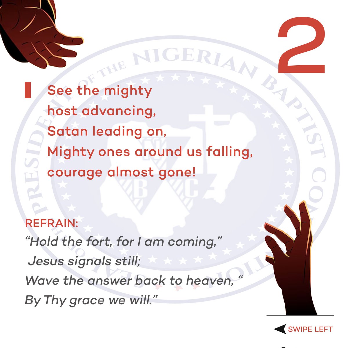 dr_israelakanji's tweet photo. Hold the Fort 🎶🎶
This hymn, often referred to as the hymn of victory, reflects our lives as soldiers for Christ. We will face challenges and tribulations, but with God, all things are possible, and victory is assured.
#Presidency #NigerianBaptistConvention #HymnReflection https://t.co/UGZKHCtdV3