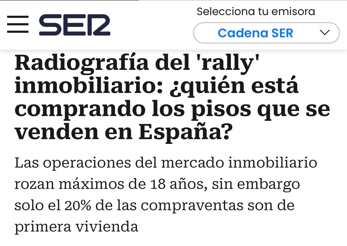 Récord de compraventa de vivienda, pero no para vivir.

🏠 Solo el 20% son primera vivienda.
💶 El 34% se compran sin hipoteca.
📈 El 56% de las hipotecas son para invertir.

La vivienda ya no es un derecho, está en manos de especuladores.