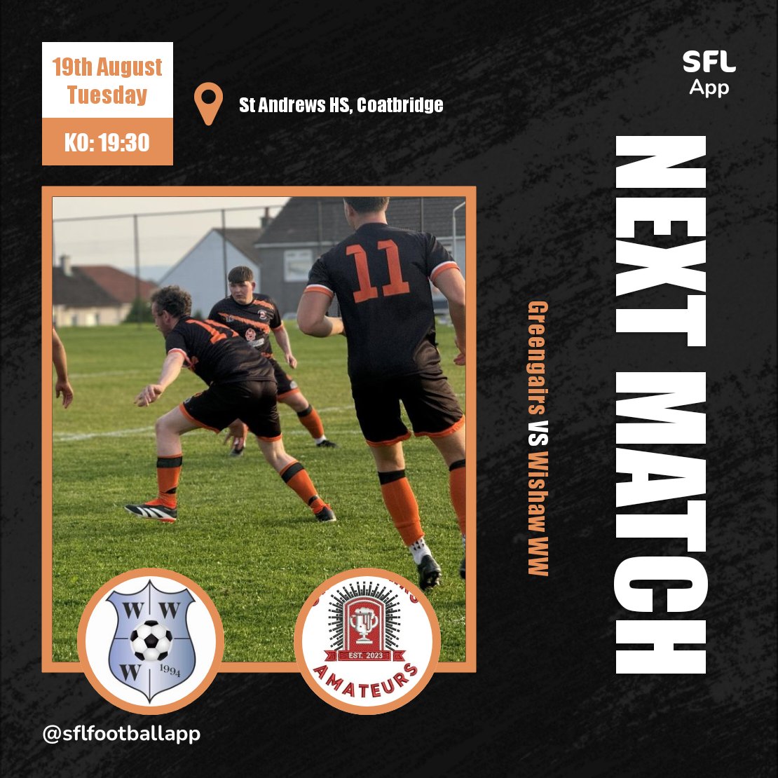 🚨MATCHDAY🚨

Tough test tonight against a strong wishaw side. Time for us to kick on after an impressive comeback at the weekend.

MTG👊🟠⚫️🟠

<a href="/OfficialSMAFA/">SMAFA</a> <a href="/L1veAtTheAmmys/">Live At The Ammys</a> <a href="/scottish_aff/">AmateurFixturesResultsSCO</a>