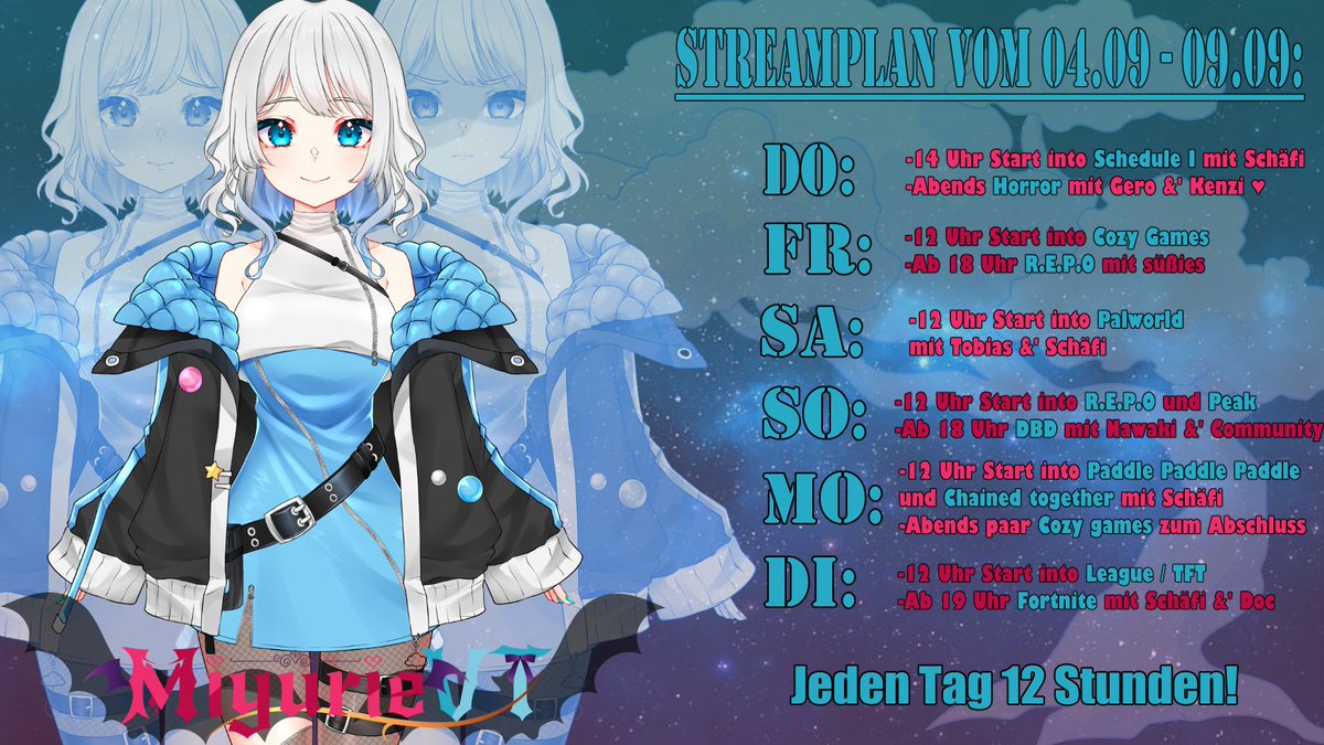 Es ist endlich soweit! Am 08.09.2025, Feier ich 2 jähriges V-Tuber Anniversary und mein 2. Model (meine Menschliche Form) ist endlich fertig gerigged! ♥ 
Das heißt wir Streamen an 6 Tagen jeweils 12h täglich! Ich freue mich schon sehr drauf und hoffe auf viel spaß gemeinsam. ♥
