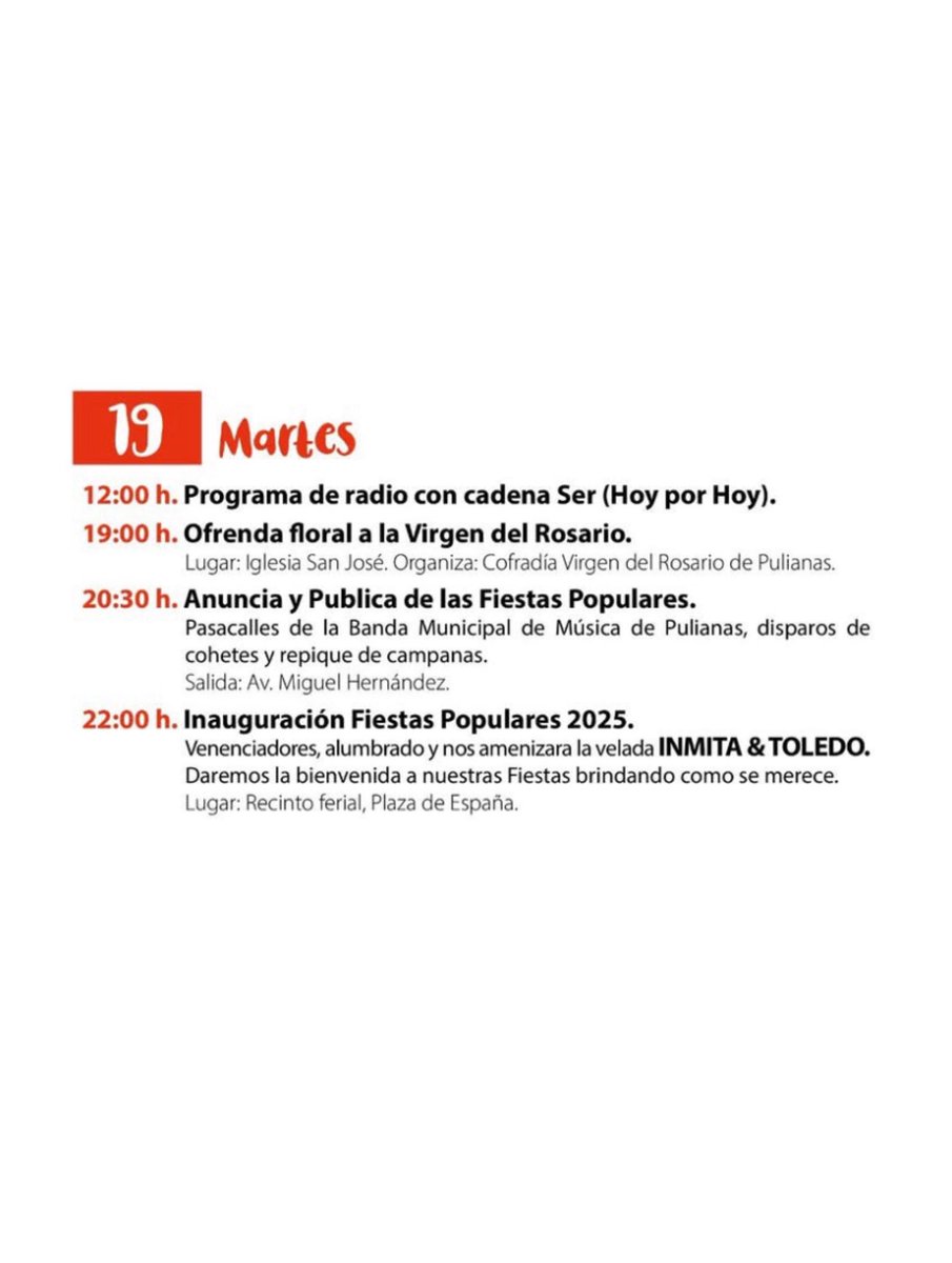 🎉𝐏𝐫𝐨𝐠𝐫𝐚𝐦𝐚𝐜𝐢𝐨́𝐧 #𝐅𝐢𝐞𝐬𝐭𝐚𝐬𝐏𝐮𝐥𝐢𝐚𝐧𝐚𝐬𝟐𝟓 𝐩𝐚𝐫𝐚 𝐞𝐬𝐭𝐞 𝐦𝐚𝐫𝐭𝐞𝐬 𝟏𝟗 𝐝𝐞 𝐚𝐠𝐨𝐬𝐭𝐨.
¡No te lo pierdas!😉

#PsoePulianas🌹 #FiestasPulianas25
#Alumbrado
#martes19agosto