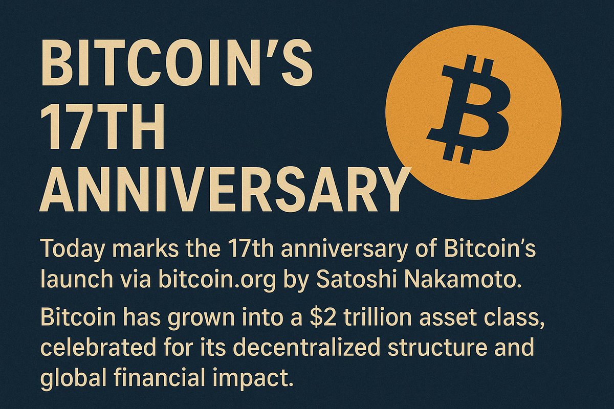 zedex484's tweet image. Bitcoin's 17th Anniversary: Today marks the 17th anniversary of Bitcoin's launch via bitcoin.org by Satoshi Nakamoto. #Bitcoin has grown into a $2 trillion asset class, celebrated for its decentralized structure and global financial impact.
#bitcoinanniversary