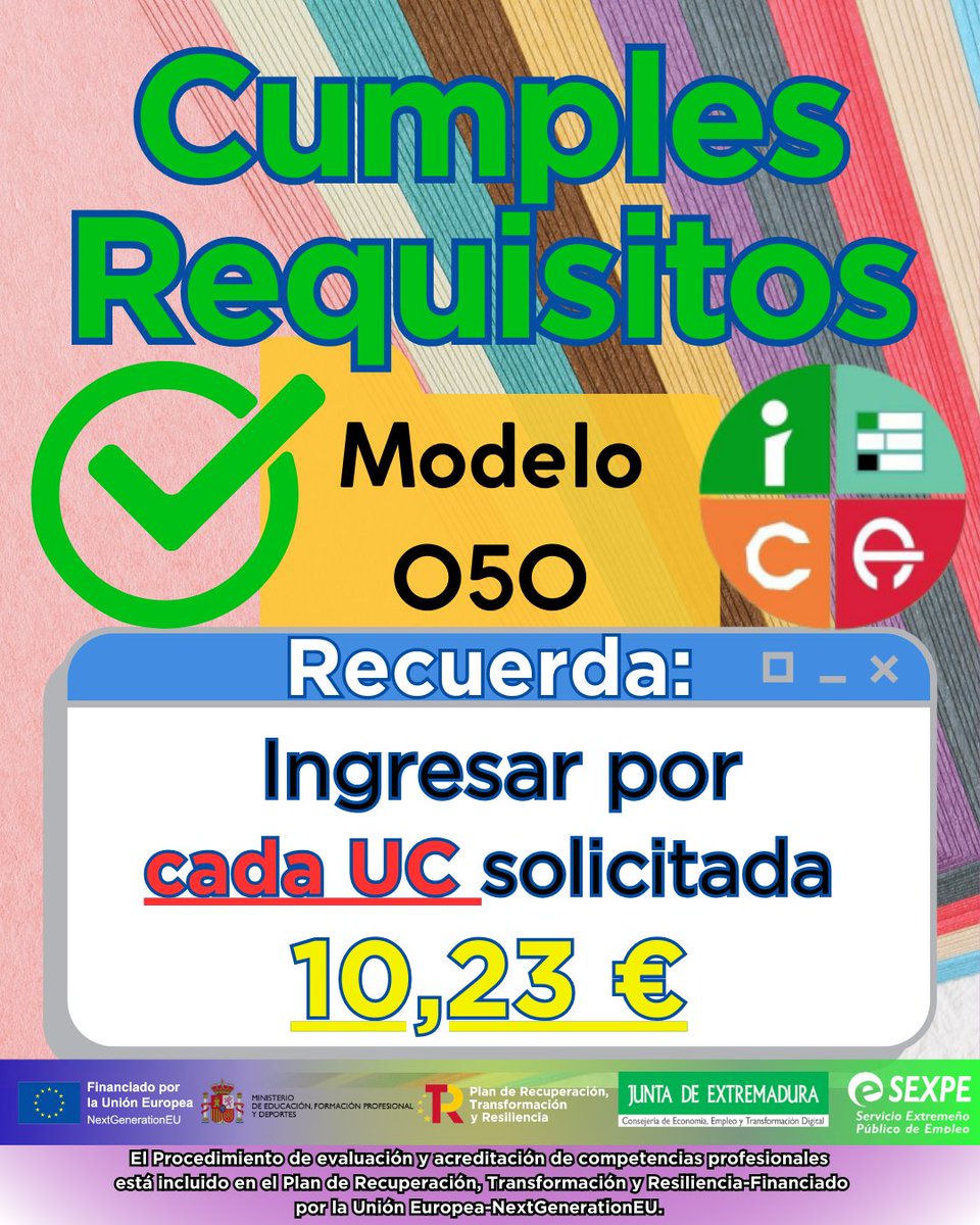 ⚠️ Si estás exento del pago deberás documentarlo, y subirlo a la plataforma.
Plataforma: peac.juntaex.es
Información: educarex.es/ieca/fase-admi…
(Desplegable "Estoy en el listado CUMPLE REQUISITOS").
Accede al formulario online aquí: modelo050.juntaex.es/modelo050/