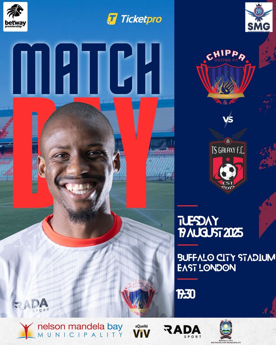 Chippa United FC (@chippaunitedfc) on Twitter photo πΆοΈ MATCH DAY πΆοΈ
π <a href="/TSGALAXYFC/">TS Galaxy FC</a>
π
Tuesday, 19 August 2025
π°οΈ 19h30
π Buffalo City Stadium, East London
ποΈ shop.ticketpro.co.za/event/chippa-uβ¦
#PrideOfTheEasternCape
#AyeyeChilliBoysAyeye πΆοΈ MATCH DAY πΆοΈ
π <a href="/TSGALAXYFC/">TS Galaxy FC</a>
π
Tuesday, 19 August 2025
π°οΈ 19h30
π Buffalo City Stadium, East London
ποΈ shop.ticketpro.co.za/event/chippa-uβ¦
#PrideOfTheEasternCape
#AyeyeChilliBoysAyeye