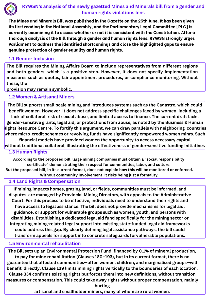 The newly gazetted Mines and Minerals Bill is currently under review. RYWSN has conducted a thorough analysis of the Bill through a gender and human rights lens, highlighting key shortcomings and gaps that need to be addressed.
#MinesAndMineralsBill #GenderEquality