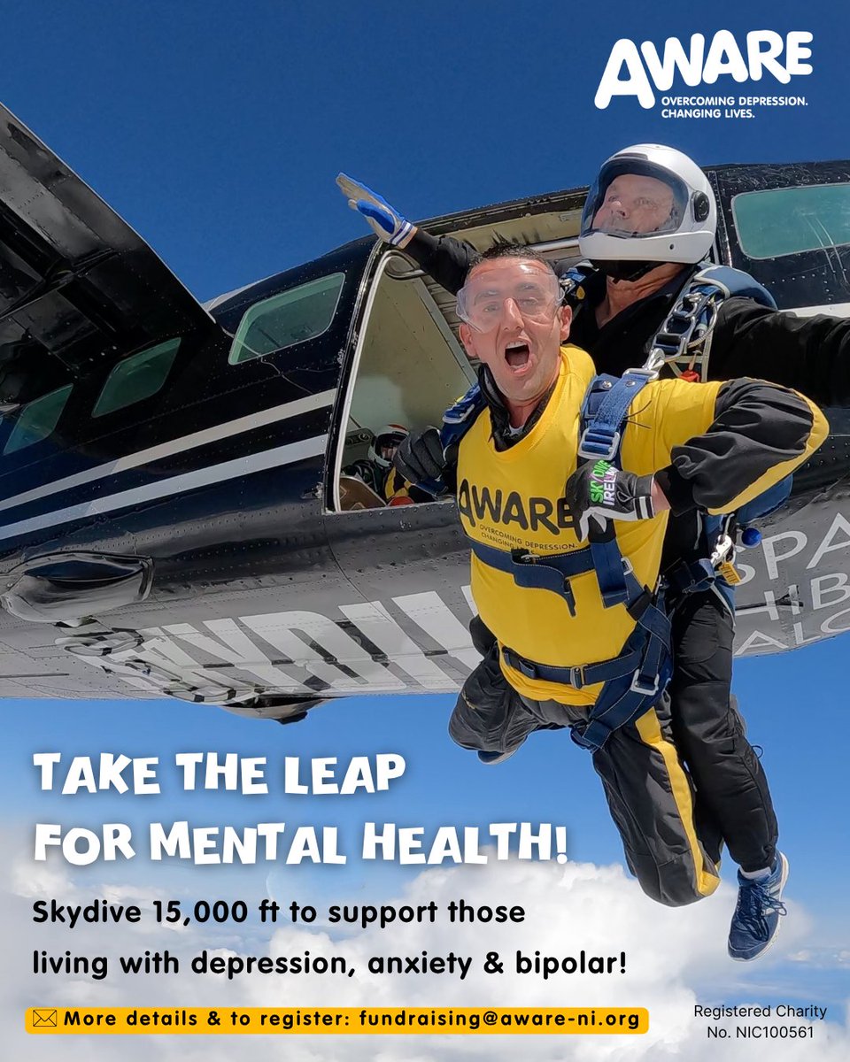 AWARE (@awareni) on Twitter photo Ready for the ultimate adrenaline rush? Skydive from 15,000ft and help support people across Northern Ireland living with depression, anxiety, and bipolar💛
📅 Skydive dates available all year round
📧 To register or find out more, please email: fundraising@aware-ni.org Ready for the ultimate adrenaline rush? Skydive from 15,000ft and help support people across Northern Ireland living with depression, anxiety, and bipolar💛
📅 Skydive dates available all year round
📧 To register or find out more, please email: fundraising@aware-ni.org