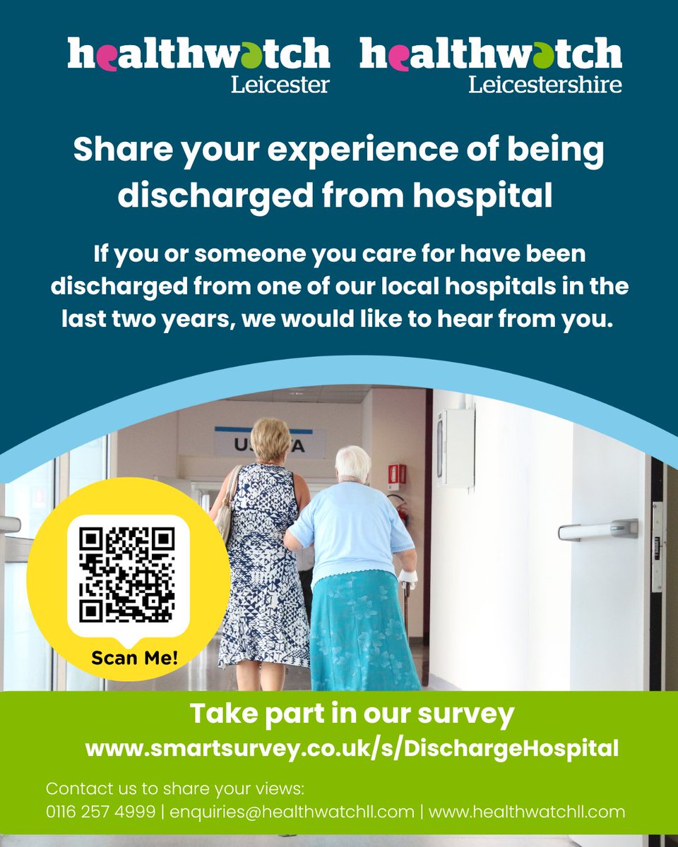 Healthwatch Leicester and Leicestershire (@healthwatchleic) on Twitter photo There's still an opportunity to fill in our hospital discharge survey. If you been discharged from a hospital in Leicester and Leicestershire in the last two years, we'd really like to hear from you.
Scan the QR code or follow the link smartsurvey.co.uk/s/dischargehos… to take part. There's still an opportunity to fill in our hospital discharge survey. If you been discharged from a hospital in Leicester and Leicestershire in the last two years, we'd really like to hear from you.
Scan the QR code or follow the link smartsurvey.co.uk/s/dischargehos… to take part.