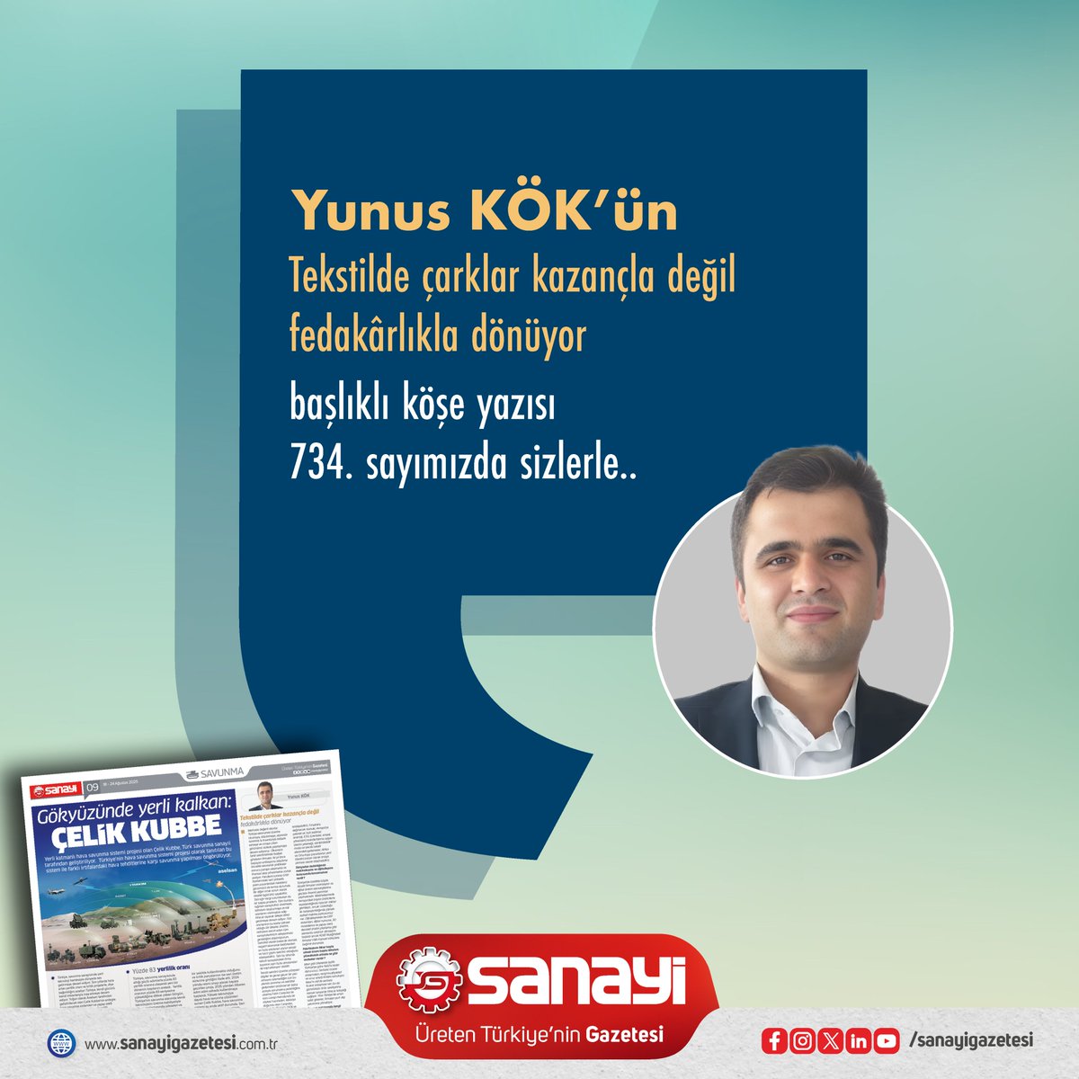 Yunus Kök'ün 'Tekstilde çarklar kazançla değil fedakarlıkla dönüyor' başlıklı köşe yazısı 734. sayımızda sizlerle..

Keyifli okumalar dileriz..

<a href="/yunuskok37/">Yunus KÖK</a> 

sanayigazetesi.com.tr/tekstilde-cark…
