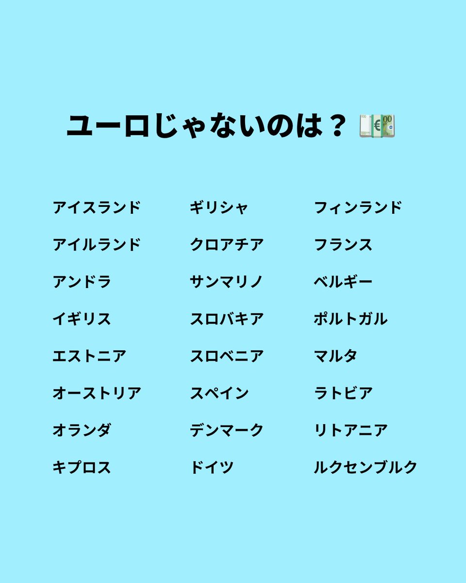 ユーロが主要通貨じゃない国、3つを探して